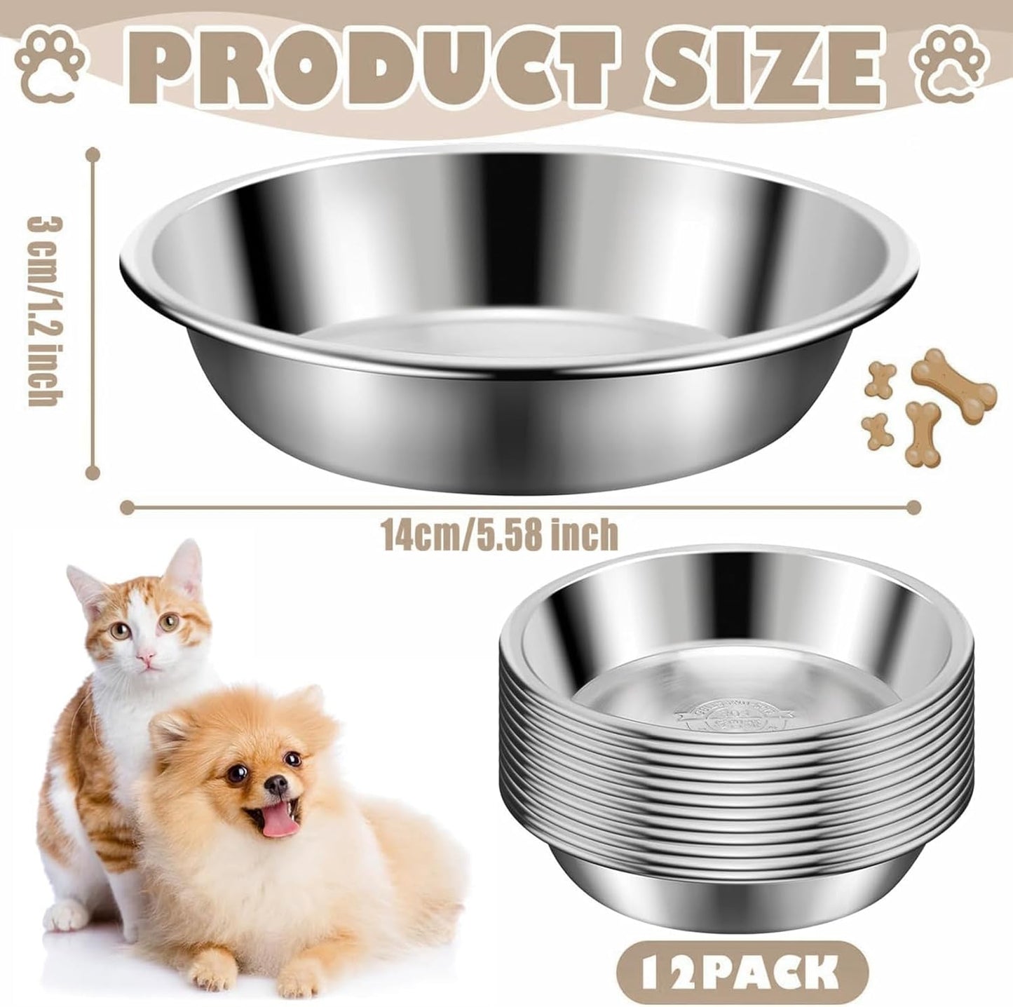 12pcs Metal Cat Bowls, 5.5in Stainless Steel, Shallow Wide Food Dishes, Relief Pet Bowls for Elevated Stand, Dishwasher Safe