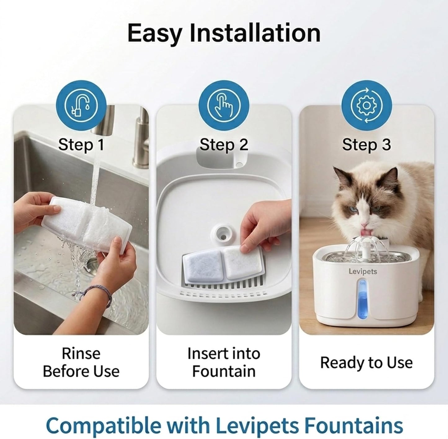 Cat Water Fountain Filters, 6 Pack Replacement Filters + 6 Pump Sponges, 4-Layer Filtration System with Activated Carbon & Resin, Compatible with Levipets Pet Fountain, 3 Month Supply