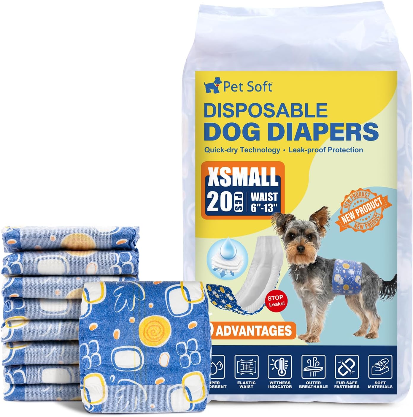 Pet Soft Male Dog Diapers - Disposable Male Dog Wraps with Wetness Indicator, Puppy Diapers for Pets Excitable Urination or Incontinence, 20pcs XSmall