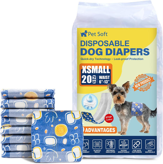Pet Soft Male Dog Diapers - Disposable Male Dog Wraps with Wetness Indicator, Puppy Diapers for Pets Excitable Urination or Incontinence, 20pcs XSmall