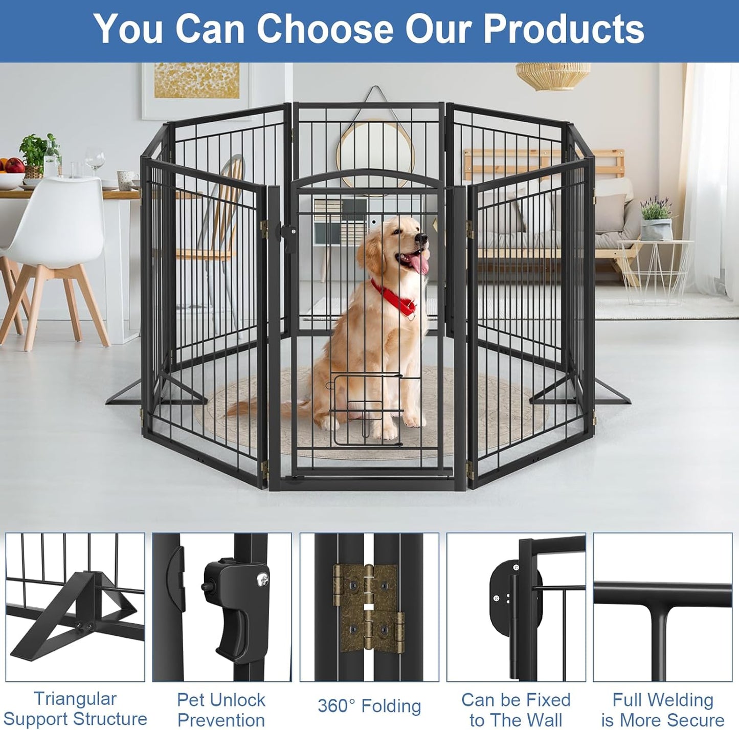 Metal Free Standing Dog Gate with Cat Door for Indoor/Outdoor,160" Extra Wide Foldable Pet Gate,32" Tall Foldable Indoor Dog Fence for Large Openings Stairs,Deck,Yard,Doorways(8 Panels,Black)