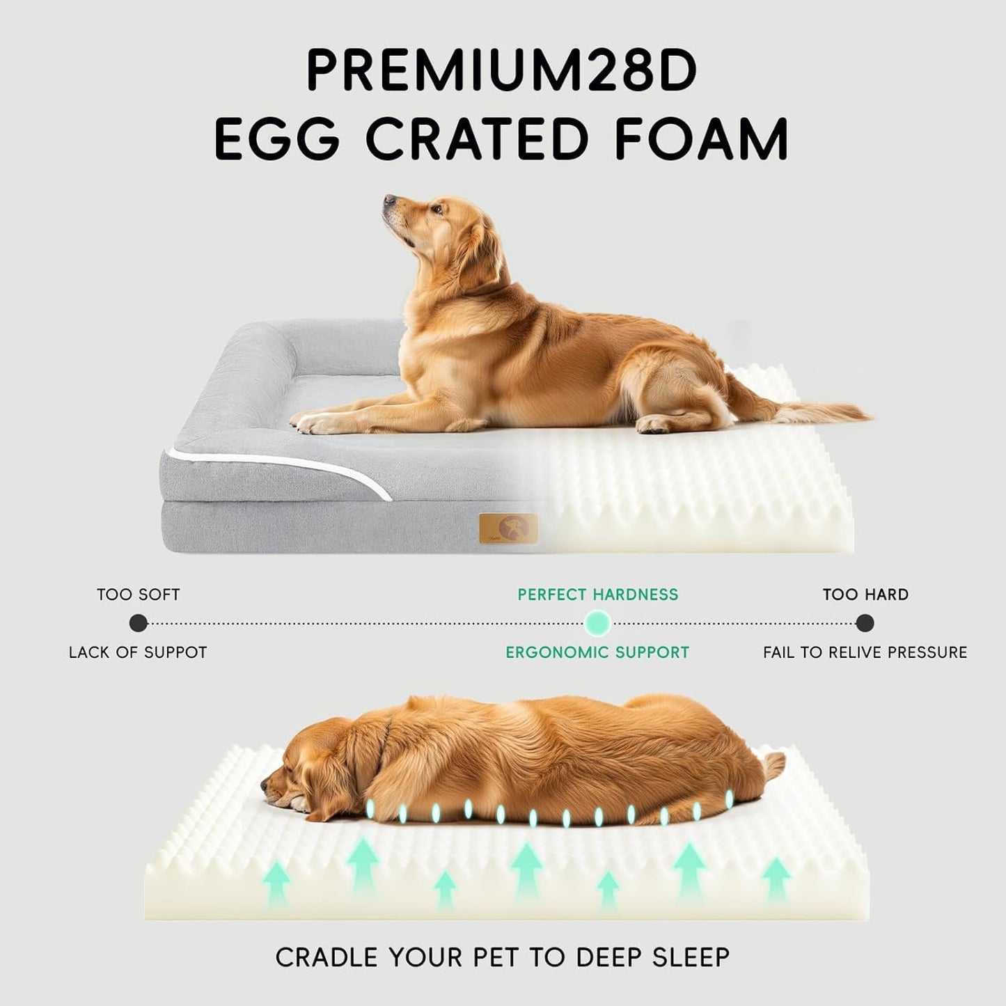 Homemate Dog Bed Large Sized Dog: 42x30 inch Orthopedic Large Dogs Bed XL Outdoor Pet Cat Bed Sofa Supplies with Toy Dogs Crate Pad Couch with Removable Washable Cover & Non-Slip Botton Light Grey