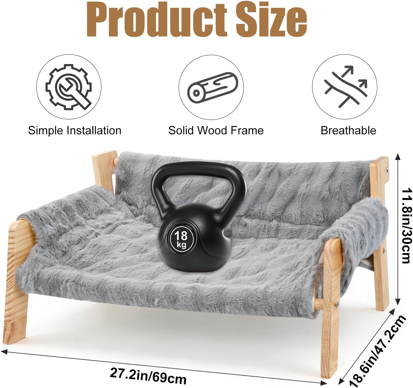 Elevated Cat Couch Bed for Indoor Cats, Large Cat Sofa Bed with Removable Fluffy Cover Wooden Raised Dog Bed, Washable Pet Dog Chair for Kitten Puppy Small Animals, 27”x18.6”x11.8”
