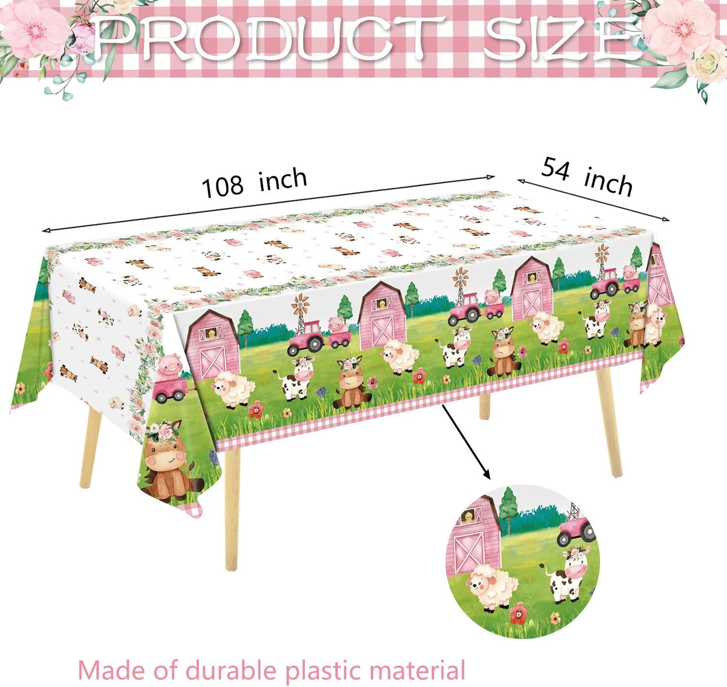 Oigco 3Pcs Farm Animal Birthday Party Tablecloth Disposable Farm House Barnyard Theme Party Supplies Covers for Girls' Birthday Decorations, 54 x 108 Inches