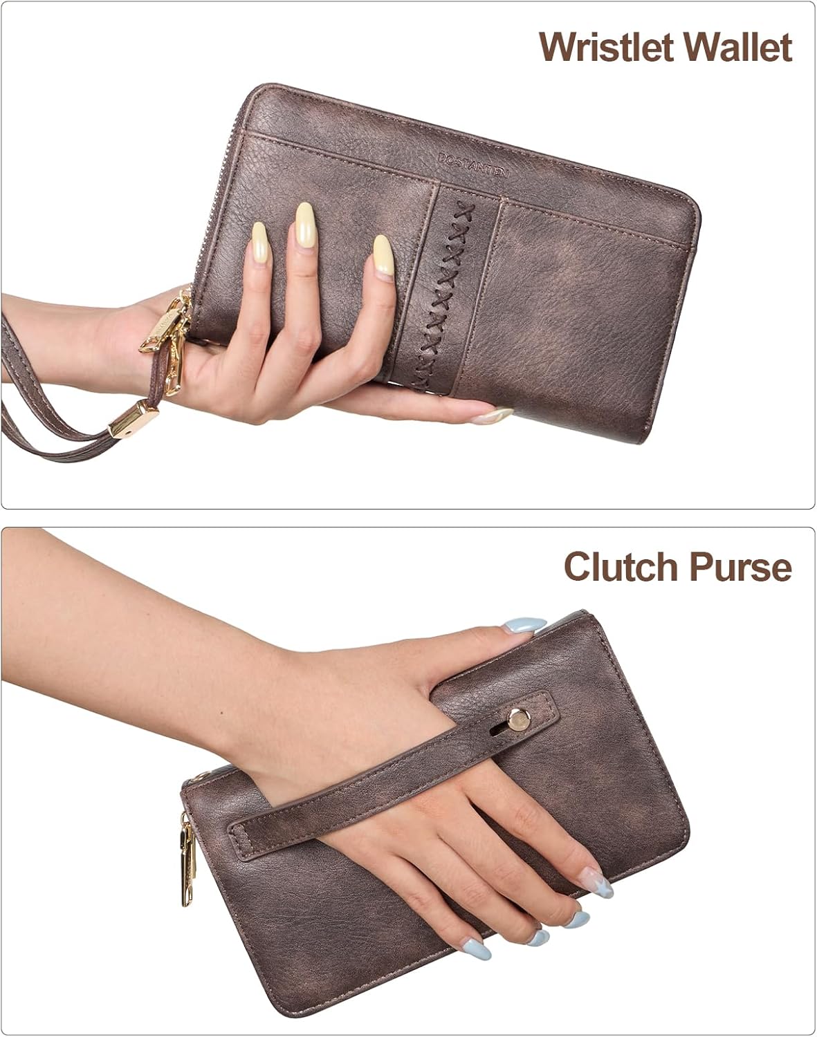 BOSTANTEN Wallets for Women Leather RFID Double Zipper Around Credit Card Holder Large Capacity Wristlet Clutch Wallet