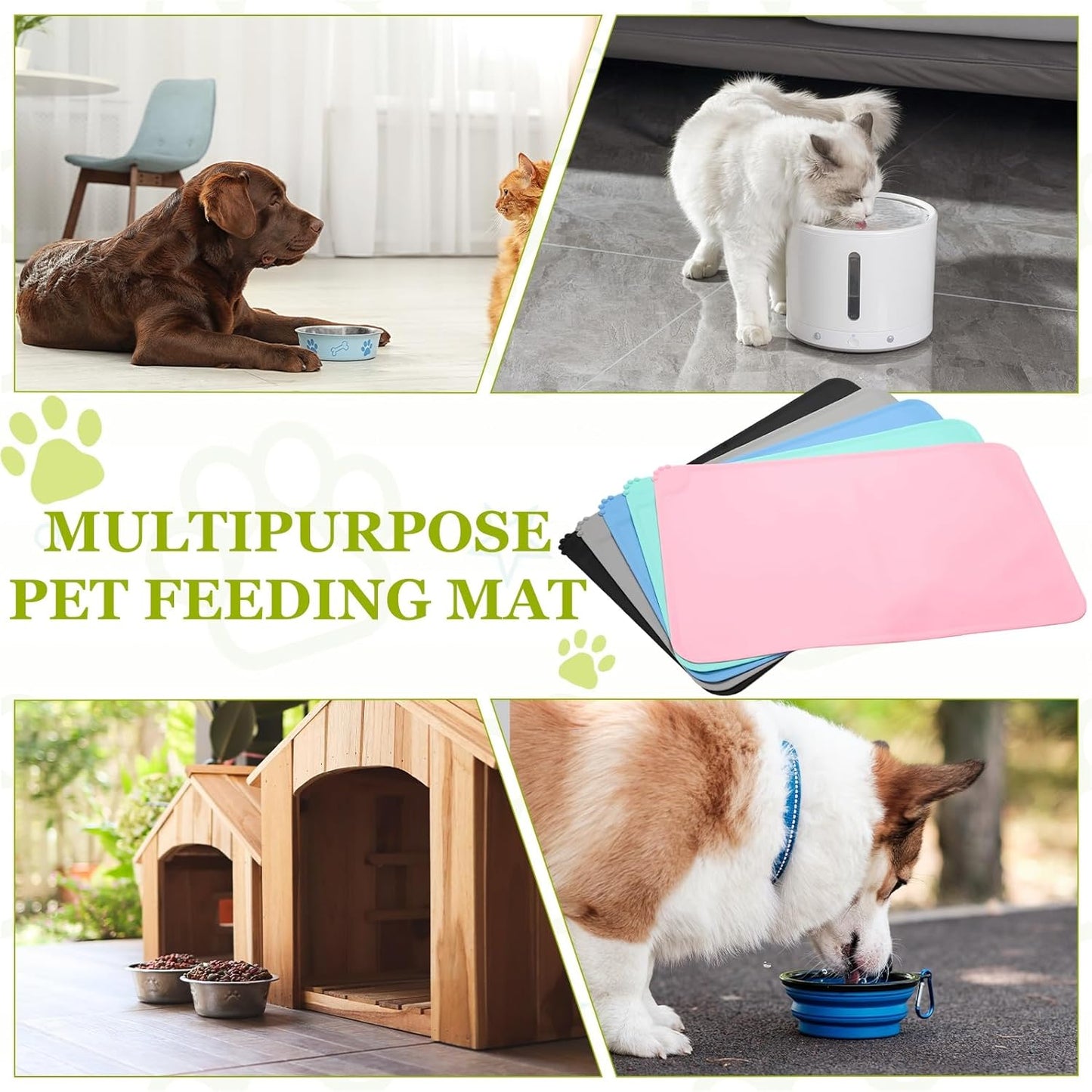 Cat Food Mat, 19x12 Inch Silicone Pet Feeding Mat Non-Slip Paw Print Style Waterproof Dog Water Bowl Tray Raised Edge Protects Floors (Gray), Intended for Pets Bowl/Fountain