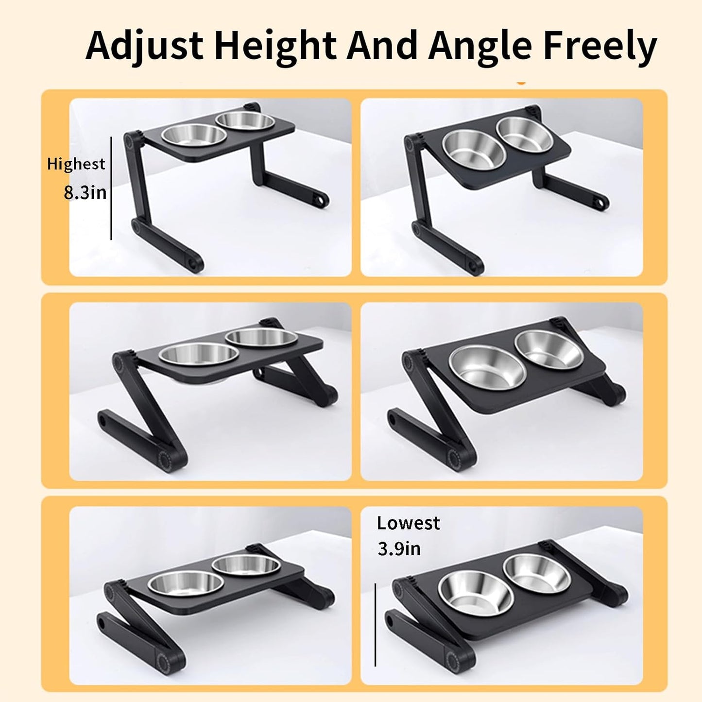 Adjustable Height & Angle Elevated Cat Bowls and Small Raised Dog Bowl with 2 Removable Stainless Steel Bowls - Foldable Raised Feeding Station 15°Tilted Raised for Neck Relief(16.7" x 9"