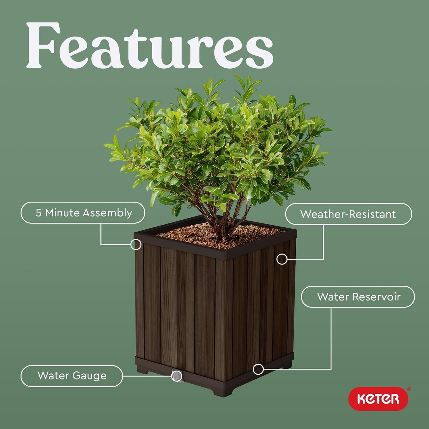 Keter Signature 21.6 Inch Tall Square Large Wood Look Planter for Indoor or Outdoor Flower Pot Ideal for Patio Deck and Front Porch Decor, Rosewood