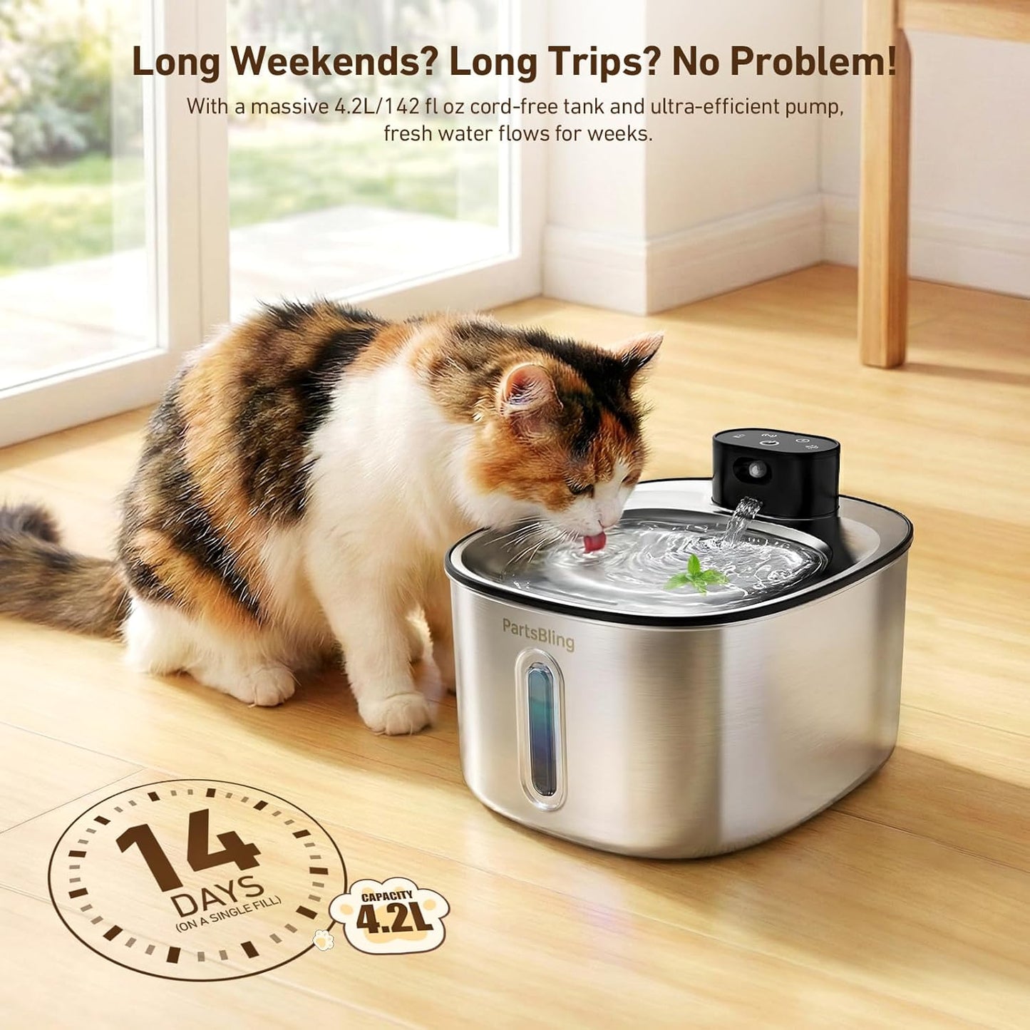 PartsBling Wireless Cat Water Fountain Stainless Steel, 4.2L/142 fl oz Cordless Pet Water Dispenser Bowl with 5000 mAh Rechargeable Battery with 4 Filters (Black Pump)