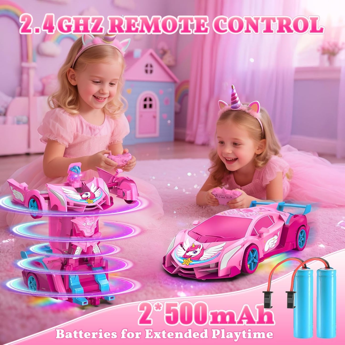 Unicorn Transform RC Cars for Girls Toys with Rainbow Eyes & Underbody Lights, Fast 360°Rotation & 2.4GHz Robot Remote Control Car One-Button Deformation,Easter Basket Stuffers for 3-12 Year Old Girls
