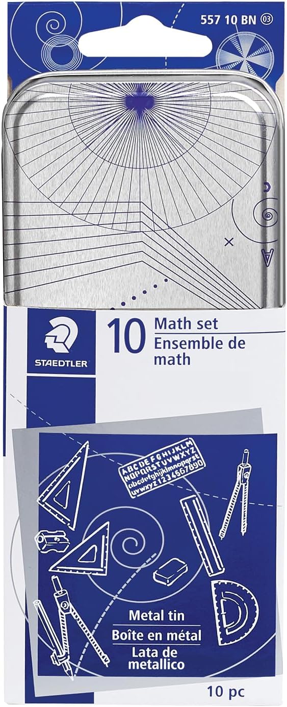 STAEDTLER 10-Piece Math Set with Metal Compass, 6" Ruler & Triangle Squares, 45° & 30/60° Set Squares, Alphabet Stencil - Measuring Tools