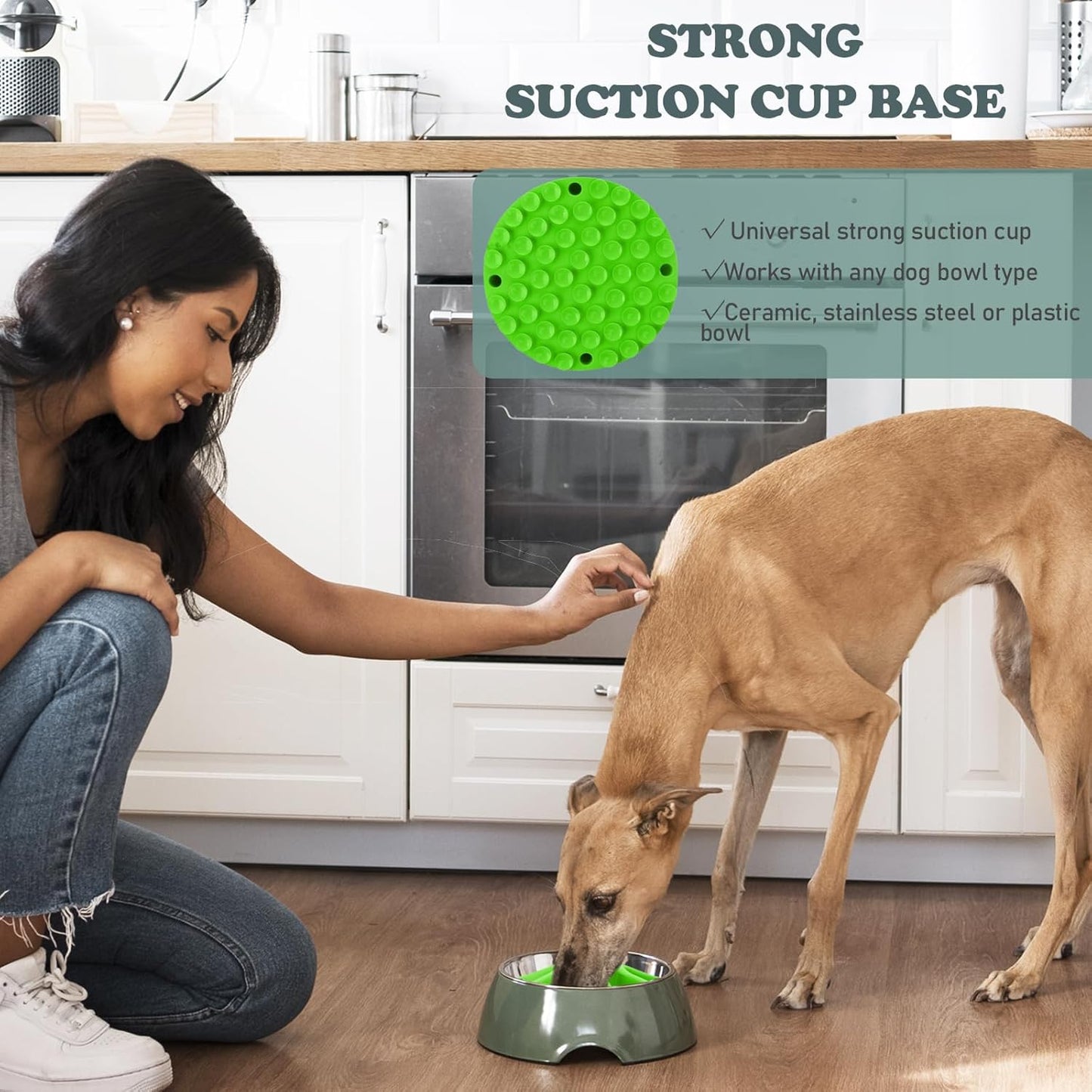 Slow Feeder Dog Bowls Insert, Silicone Slow Feeder Bowl with Strong Suction Cups Perfect for Stainless Steel Glass Ceramic Bowls (Green, Large Size)