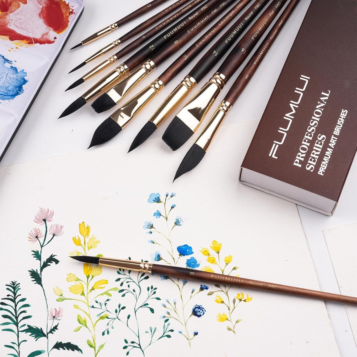 Watercolor Brushes Professional, Fuumuui 10Pcs Synthetic Squirrel Hair Water Color Paint Brush Set for Artists - Flat, Round Pointed, Dagger, Cats Tongue Oval Wash for Watercolor Gouache Inks Painting