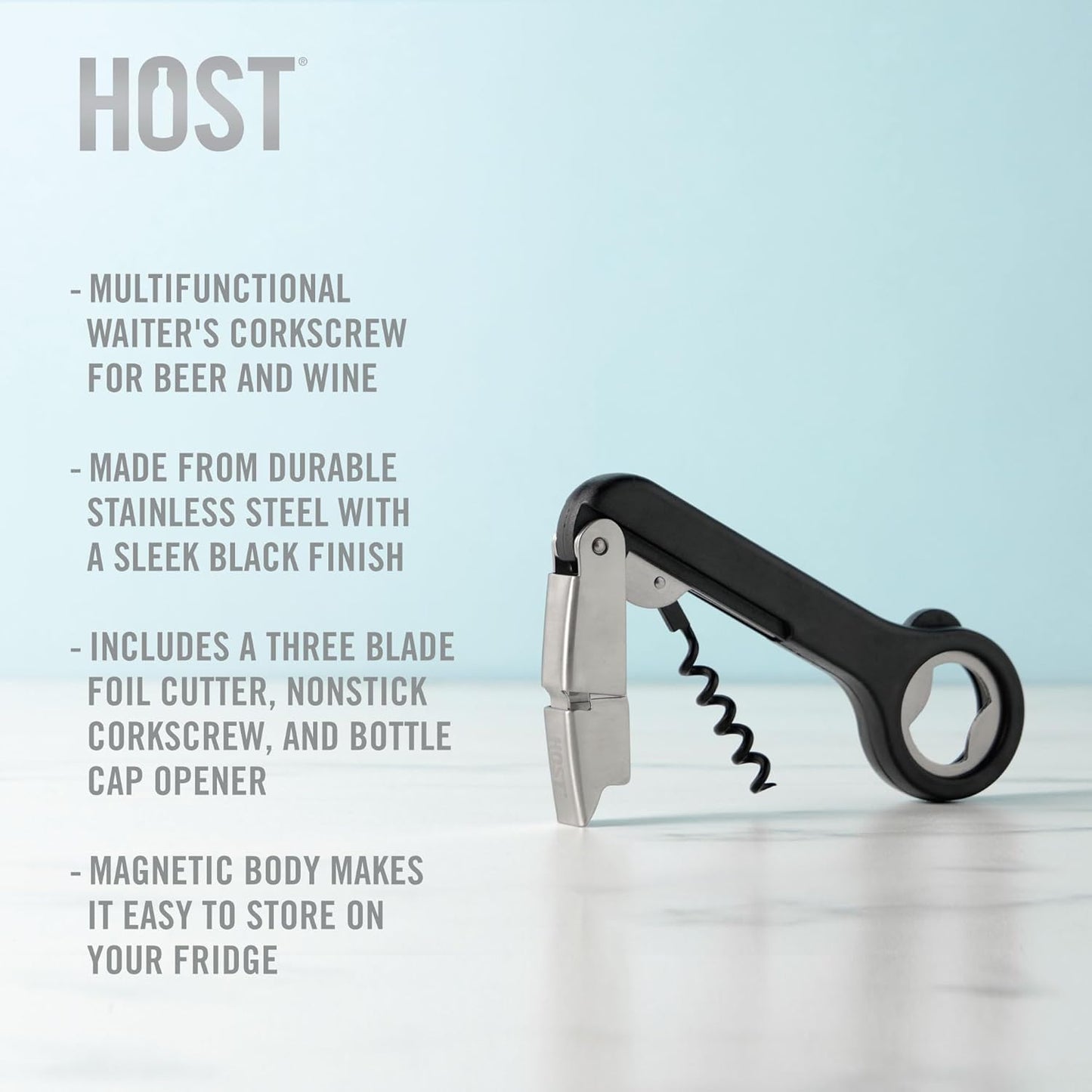 Host Double Hinged Corkscrew, Stainless Steel Bottle Opener and Foil Cutter, Wine Key, Bar Accessories, Set of 1, Black