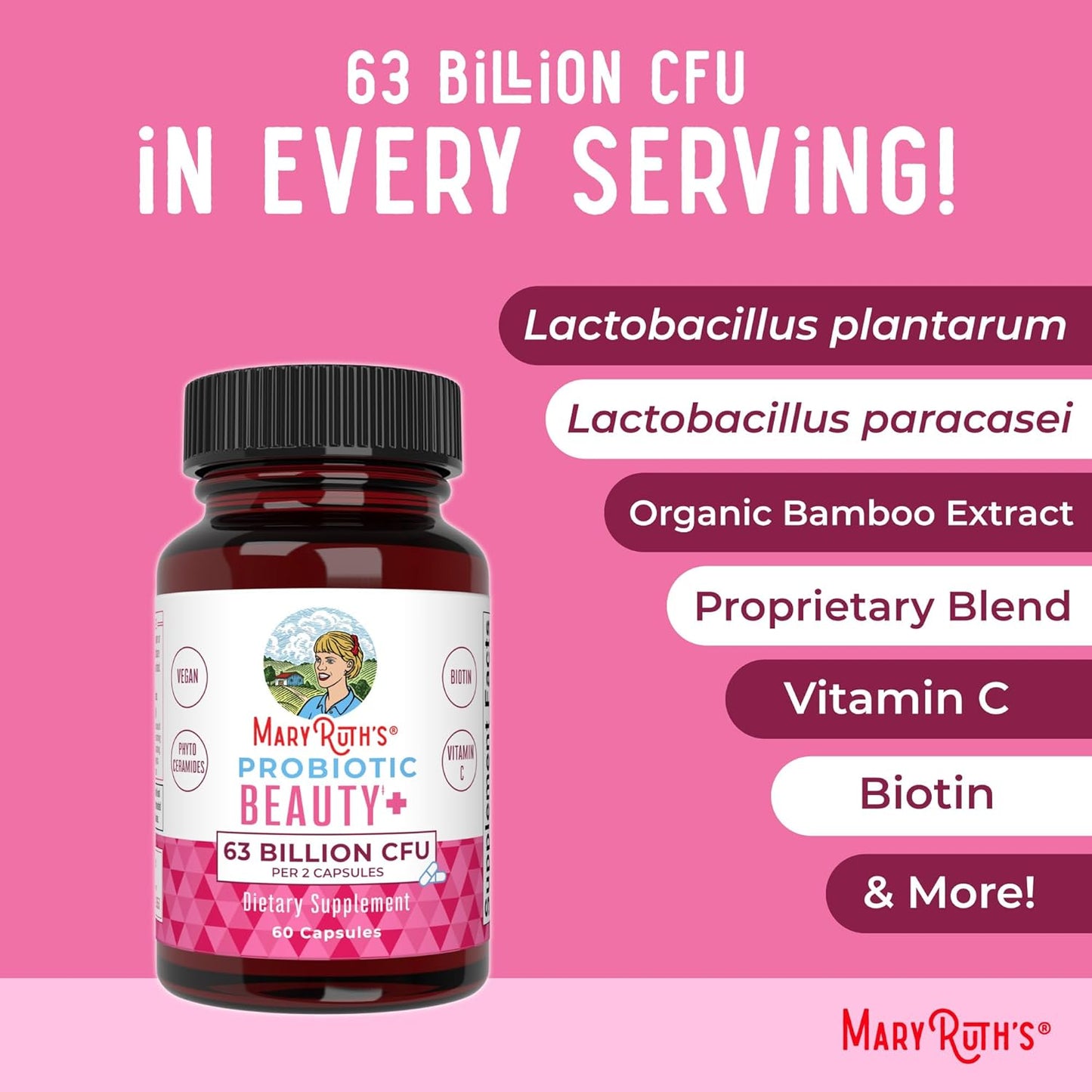 MaryRuth Organics Probiotic Beauty Capsules | Vegan Collagen Support | Anti Aging | Gut Health | Hair Skin and Nails Vitamins | Skin Care | Biotin | Non-GMO Project Verified | 60 Count