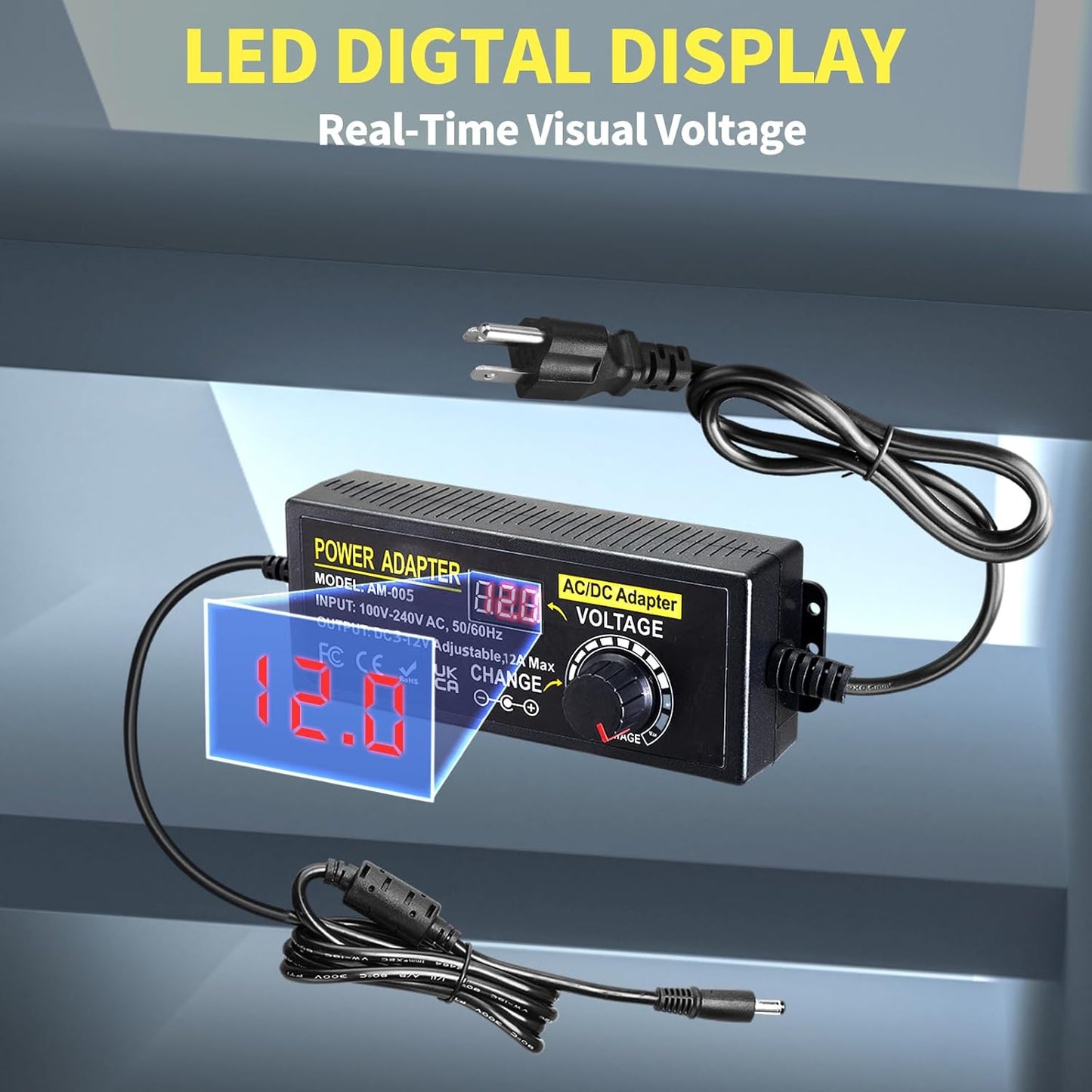 Universal Power Supply Adjustable 3V~12V 12A 144W Variable Switching Power Adapter 100V-240V AC to DC Converter Transformer with 14 Plugs&Polarity Converter,LED Voltage Display3V4V5V6V7V8V9V10V11V12V