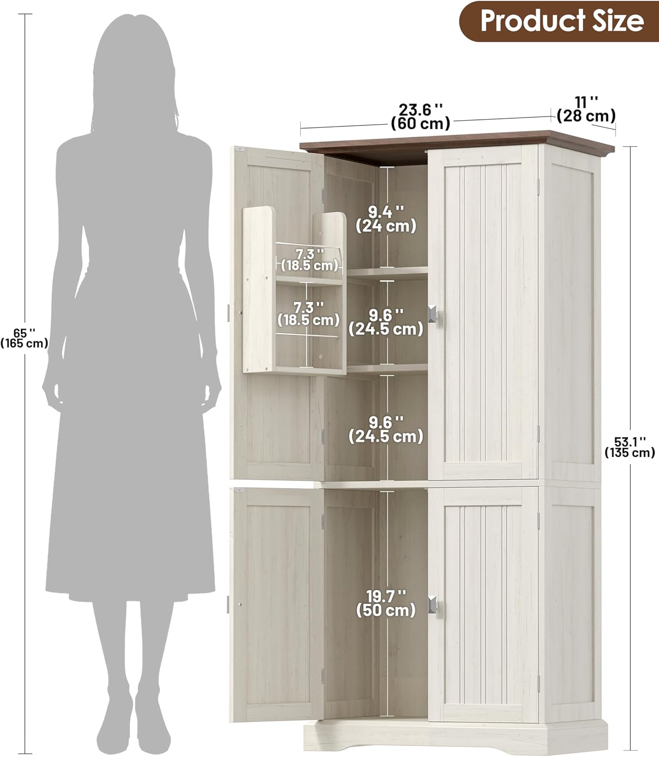 53.1" H Tall Bathroom Storage Cabinet with 4 Door Shelves, Linen Bathroom Floor Cabinet with 4 Doors, Pantry Cabinet for Bathroom, Living Room, Kitchen, Rustic White
