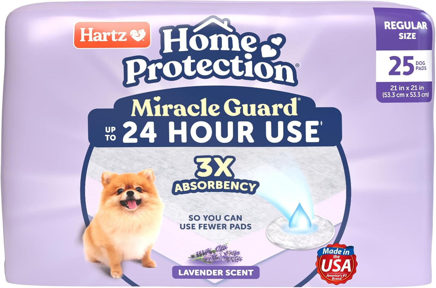 Hartz Miracle Guard Dog and Puppy Dog Pads Max Absorbency 24 Hour Use Odor Eliminating Lavender Scented No Leaks, Regular Size 25 Count