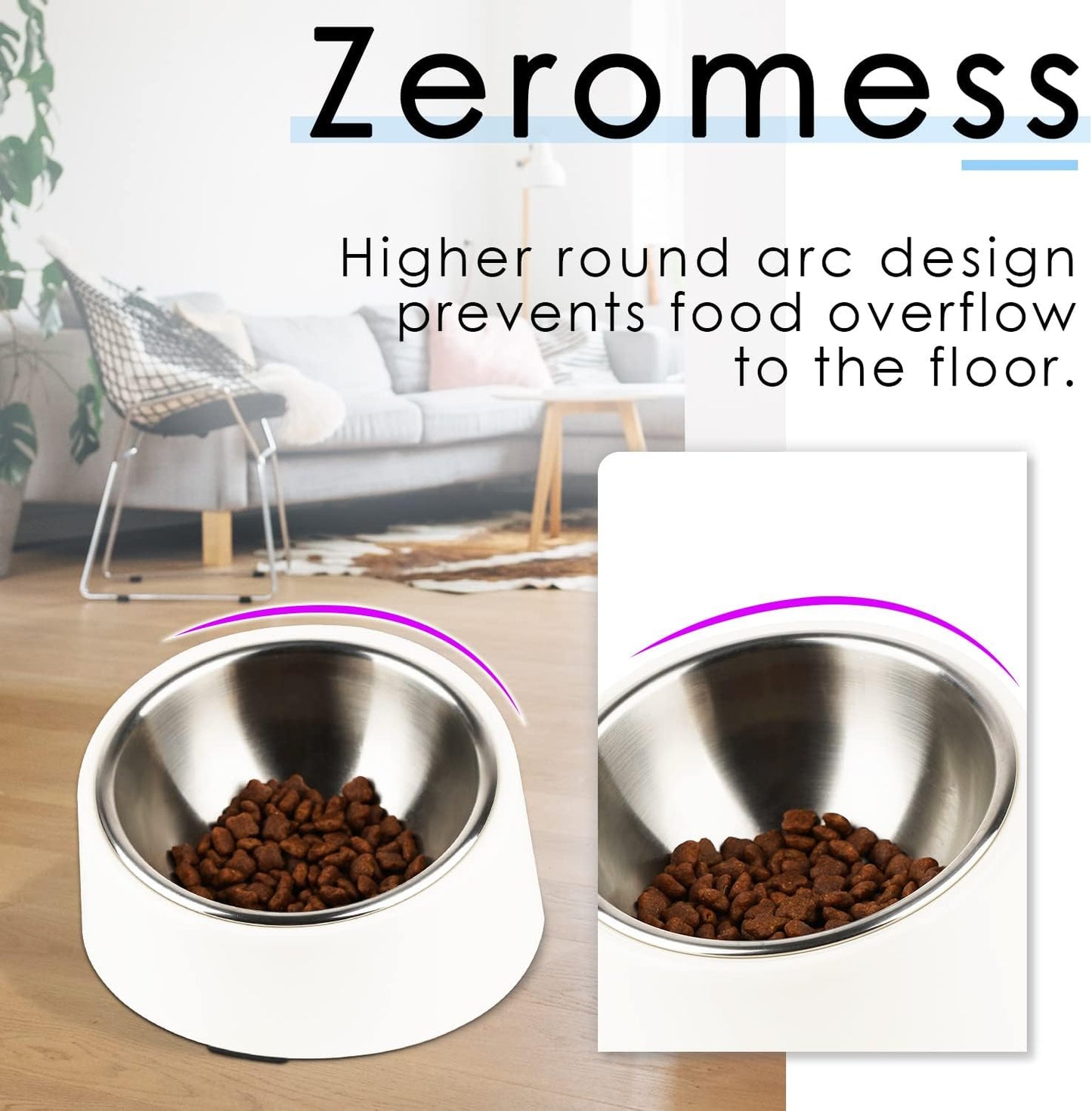 SuperDesign Mess Free 15° Slanted Bowl for Dogs and Cats, Tilted Angle Bulldog Bowl Dog Feeder, Non-Skid & Non-Spill, Easier to Reach Food S/0.5 Cup White