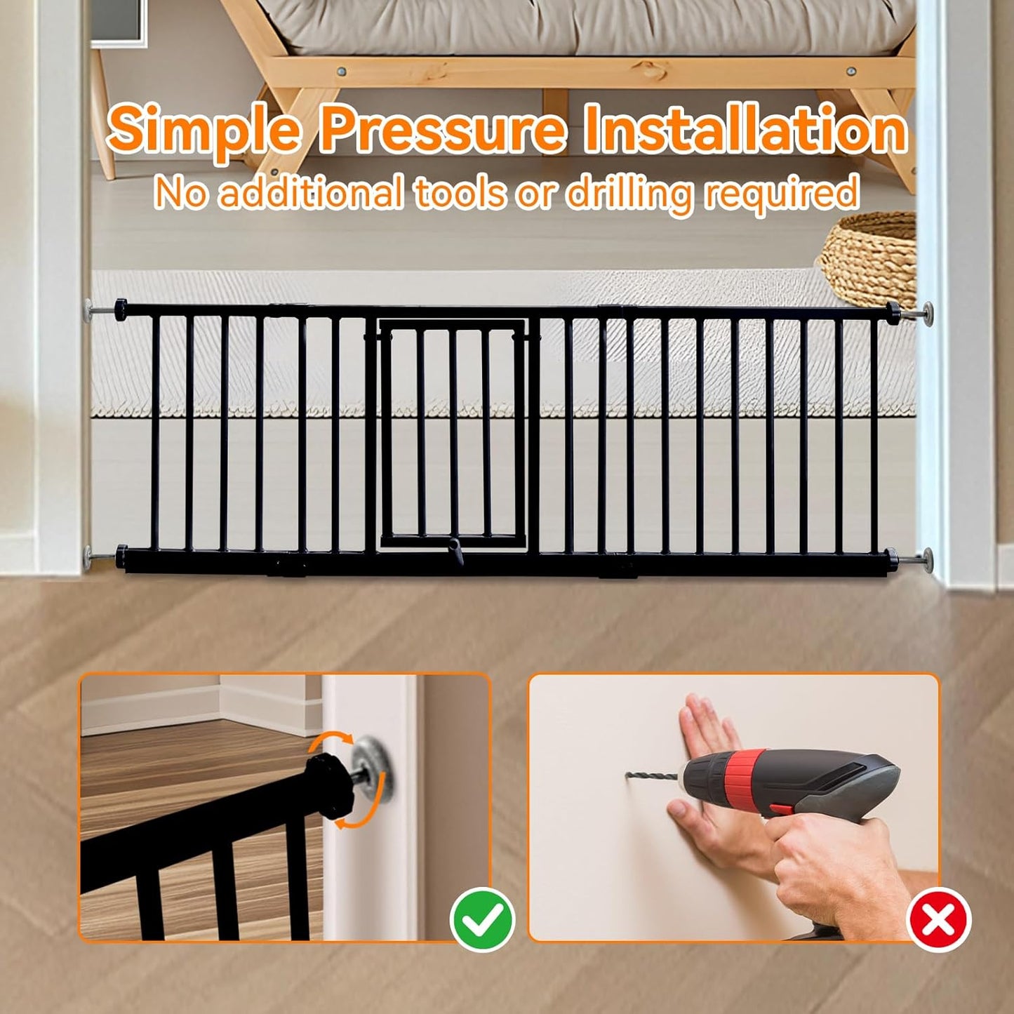 10" Height Short Dog Gate Adjustable18-48 Extra Wide Dog Gate with Small Cat Door,Pet Gate with 4 Extension Kits Pressure Mounted for Doorways & Stairs (Black, 10" Height)