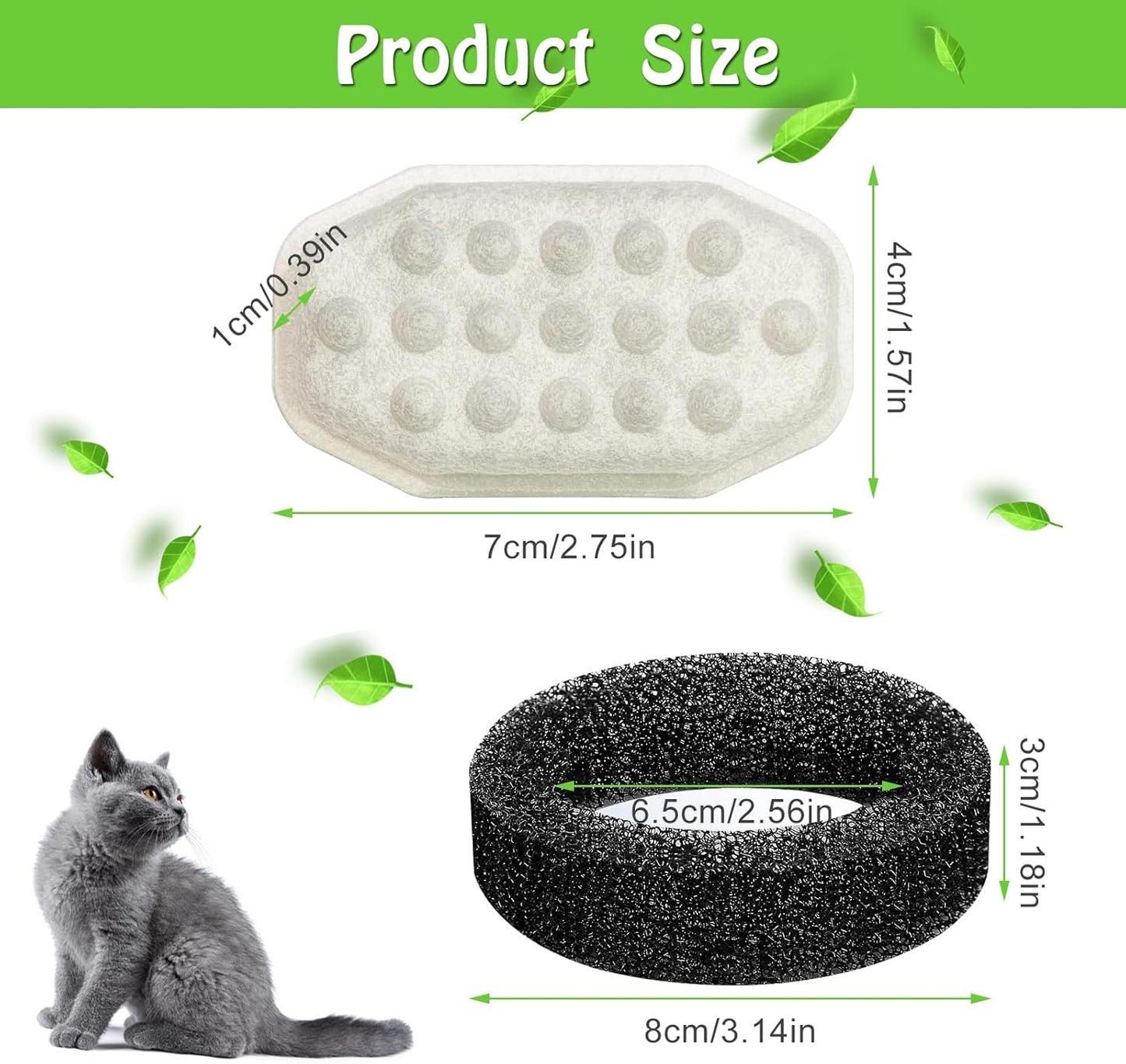 8-Pack Cat Water Fountain Replacement Filters with Pre-Filter Sponges, Compatible with 3.2L/108oz Pet Cat Dog Water Fountains