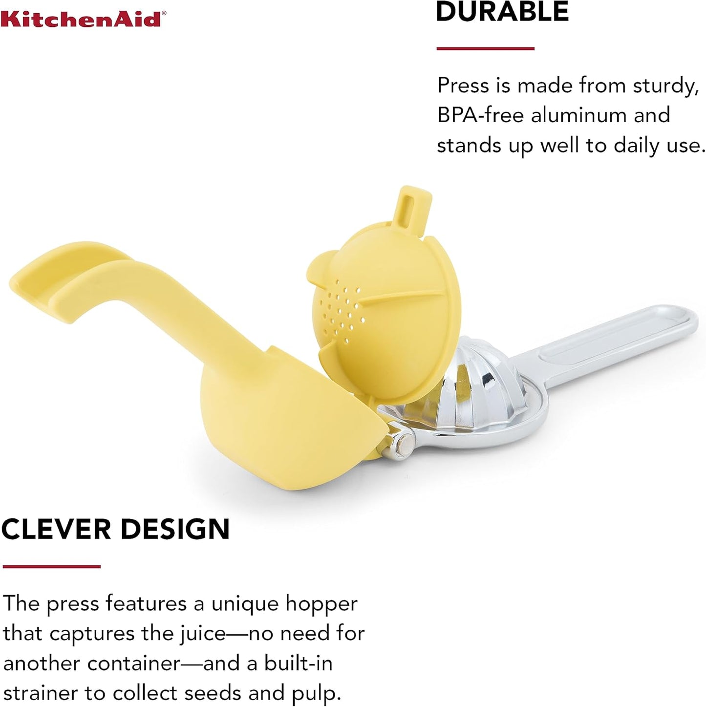 KitchenAid Citrus Juice Press Squeezer for Lemons and Limes with Seed Catcher and Pour Spout, Lemon, 8 Inch