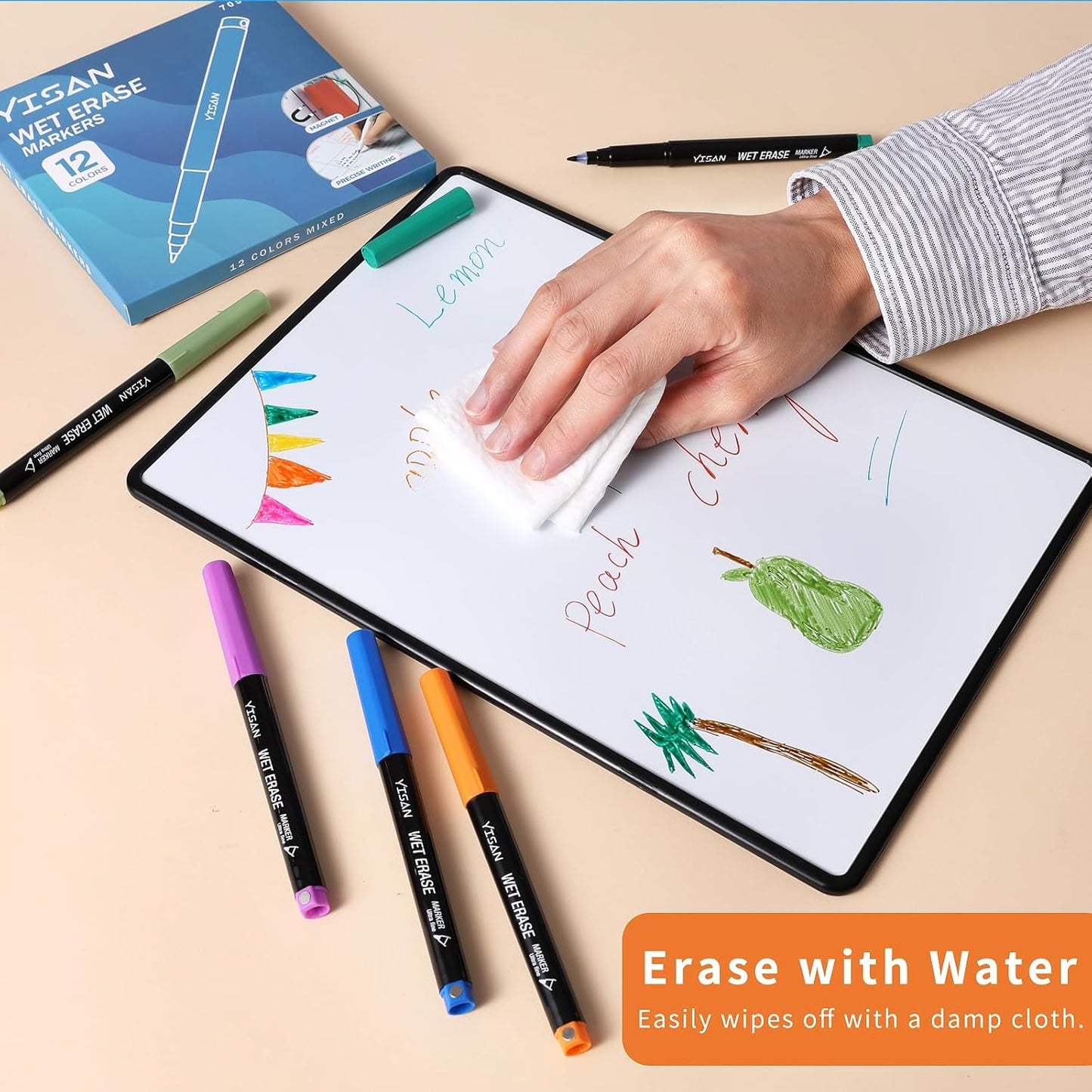YISAN Ultra Fine Tip Magnetic Wet Erase Markers, 0.7mm Low Odor, 12 Assorted Colors for Whiteboard Use in Office, Home or Planning Board,70580