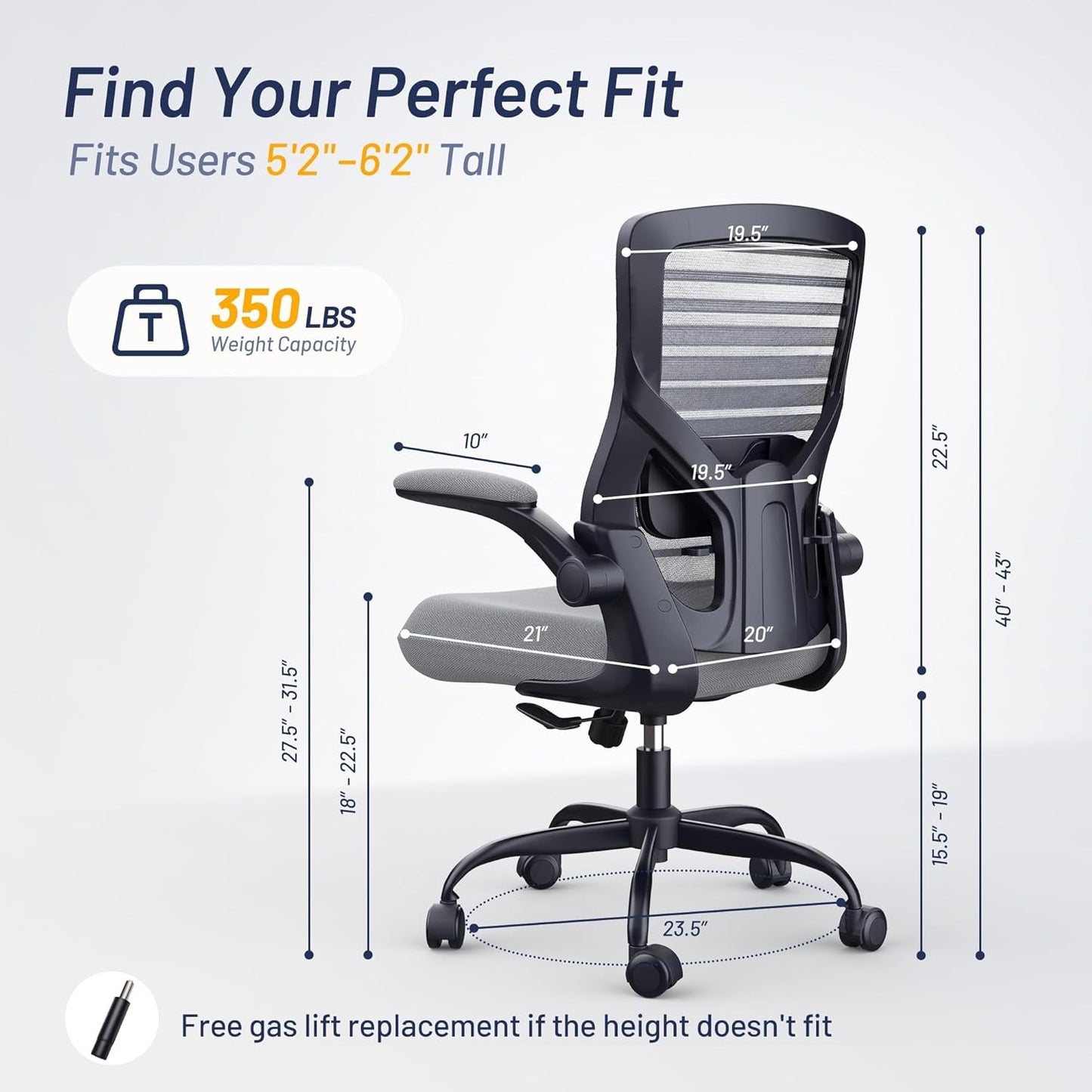 Office Desk Chair for Long Hours & Back Pain Relief – 4“ Thick Molded Foam Cushion, Enhanced Lumbar Support, Padded Flip-up Armrests, Ideal for Office or Study, Dark Gray