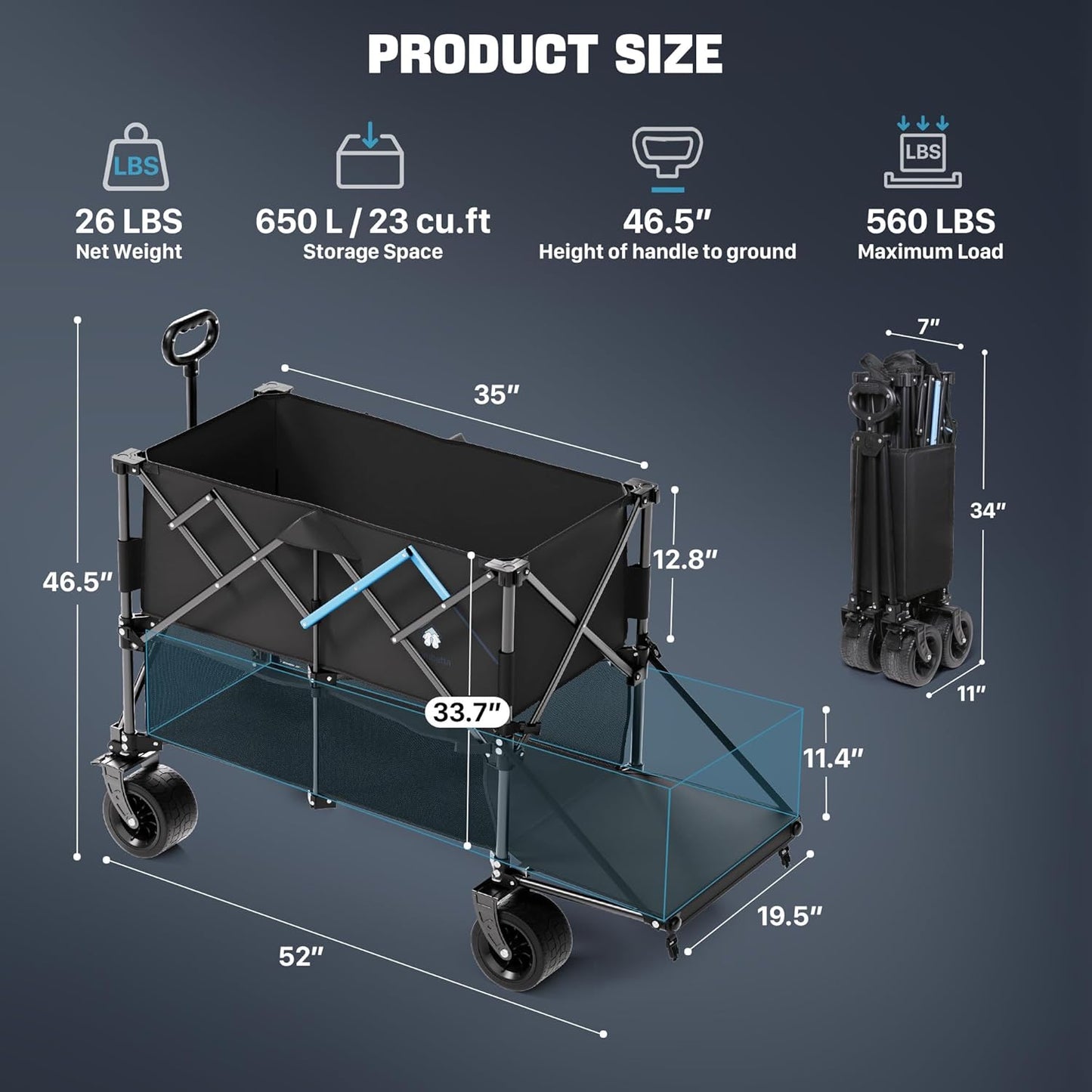 Homebetta 52" Heavy Duty Double-Layer Wagon with Brakes,560LBS Double Decker Wagon,650L Collapsible Wagons Carts with All-Terrain Big Wheels for Sports,Camping,Fishing,Transport