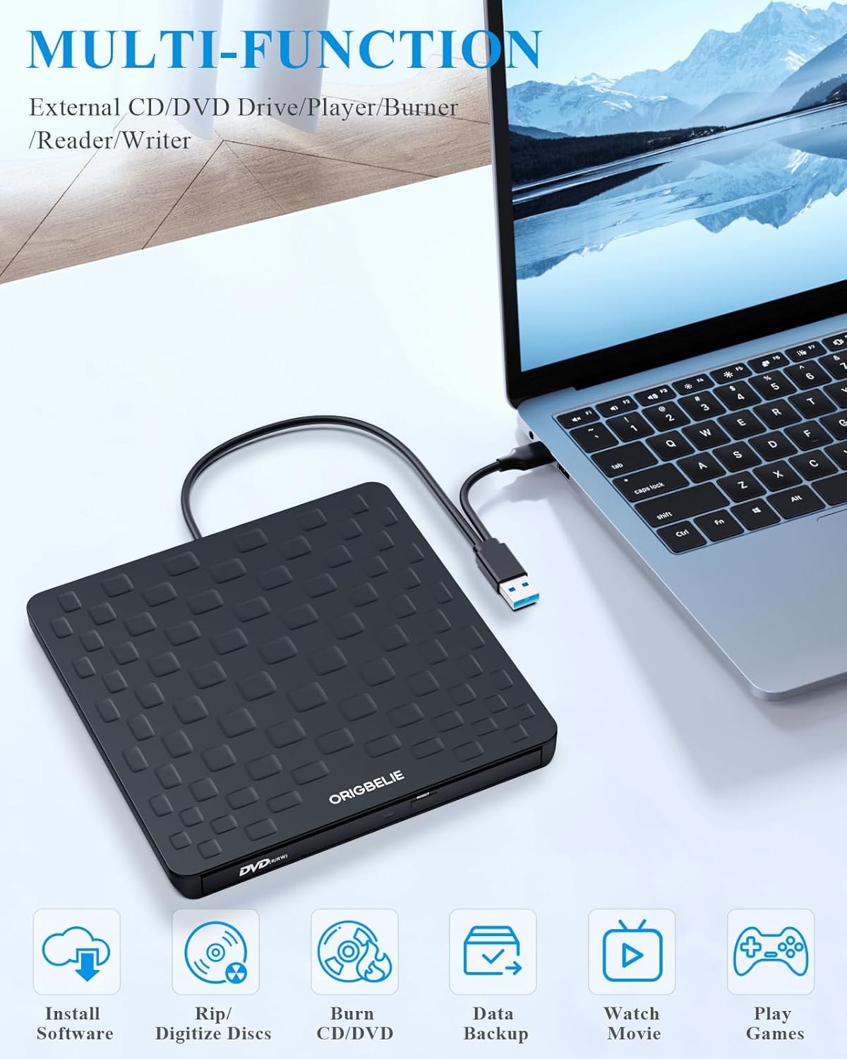 External CD DVD Drive for Laptop, USB 3.0 Type-C Ultra Slim 13mm DVD Player Portable CD DVD +/-RW Drive CD Burner Reader Writer Recorder for Desktop PC Windows 11/10/8/7 Linux Mac OS (Black)