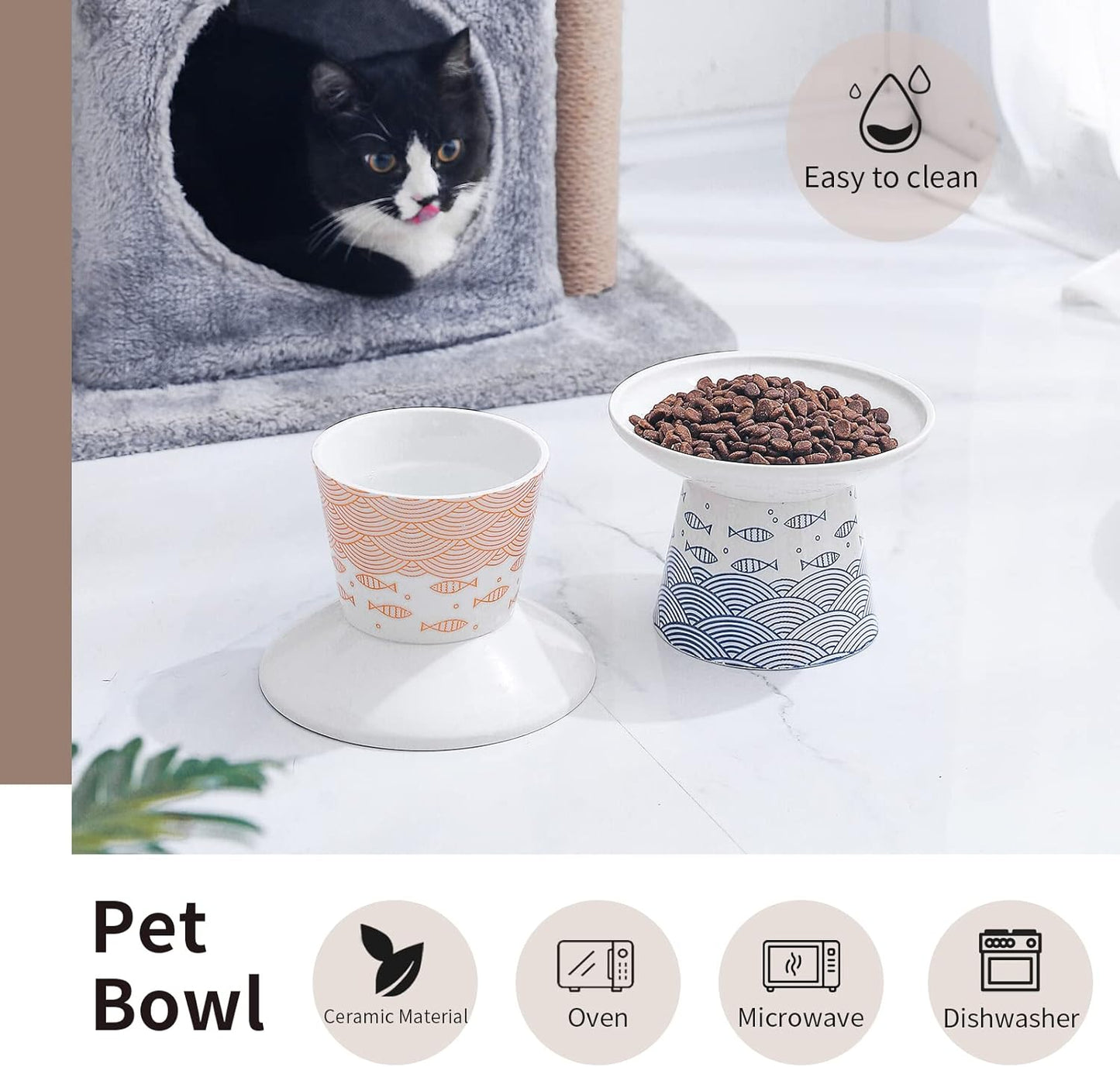 WUHOSTAM 6.25 Inch Extra Wide Ceramic Raised Cat Food Bowls, Elevated Cat Feeding Dish, Heavy Pet Feeder Bowl for Elder Big Cats,Small Dogs, Reduce Vomiting, Protect Pet's Spine, 2 Pack(Blue&Orange)