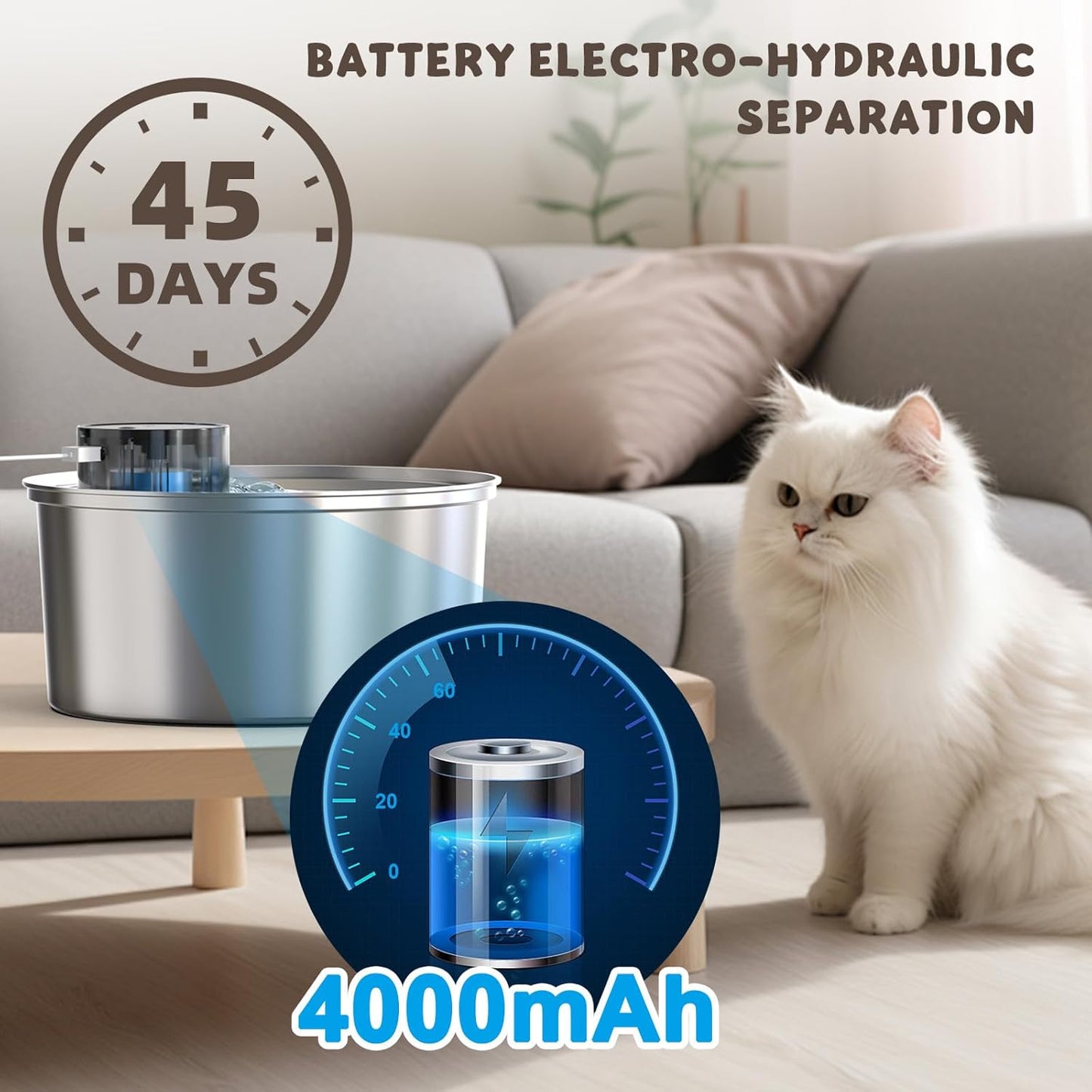 Casfuy PWL-003 Smart Motion Sensor Cordless Stainless Steel Dog & Cat Water Fountain, 108-oz
