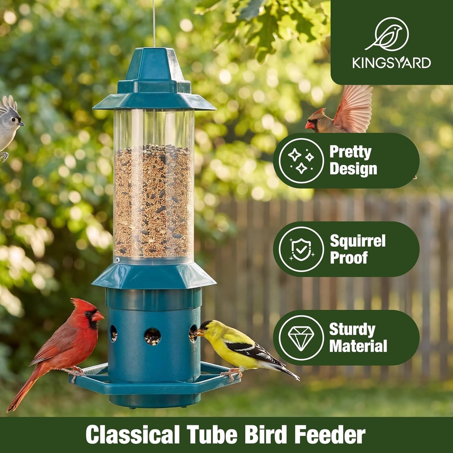 Kingsyard Squirrel-Proof Bird Feeder with Adjustable Weight-Activated Perch, Wild Bird Feeders for Outdoors Hanging, Weatherproof & 4 lb Large Seed Capacity, Dark Green