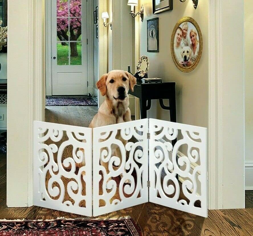 Safety Pet Gate for Dogs – Free-Standing & Foldable - Decorative Scroll Wooden Fence Barrier – Stairs & Doorways (White)
