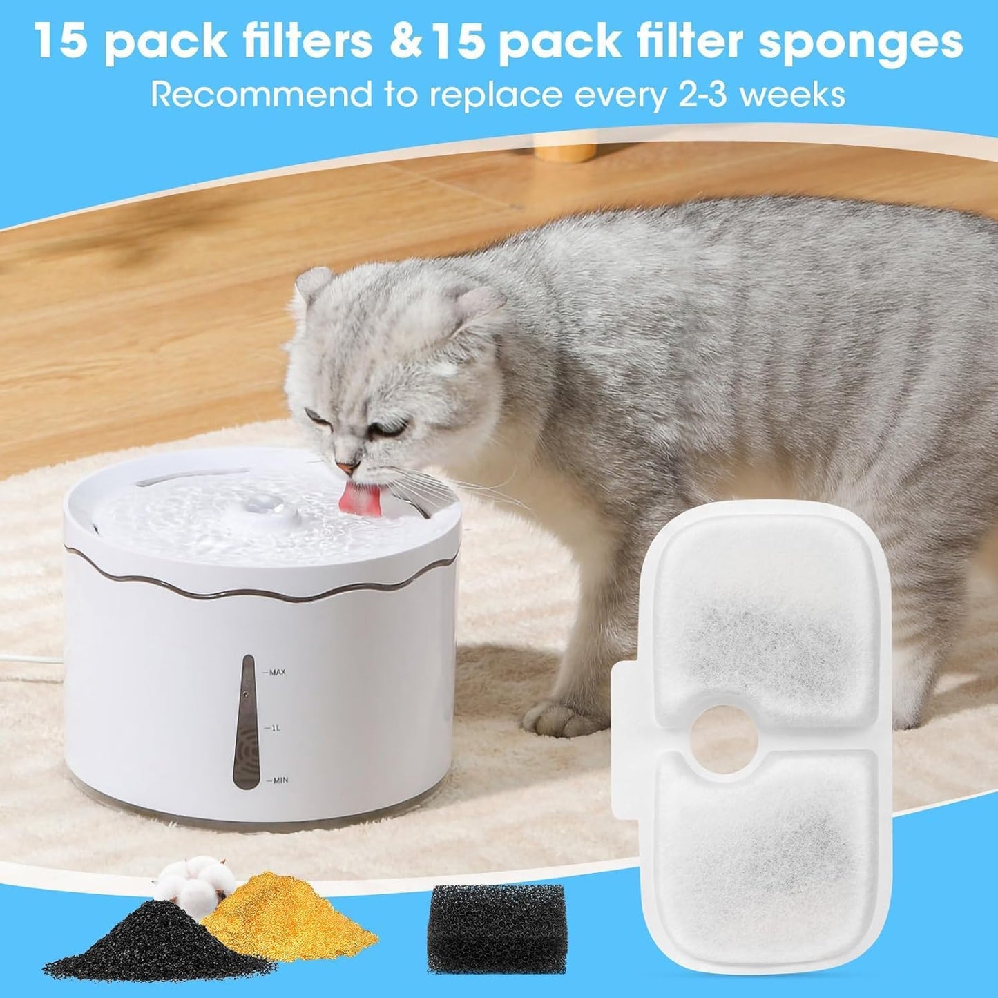 15+15 Pack Cat Water Fountain Filters, Pet Water Fountain Filters Replacement for Dog/Cat Stainless Steel Fountain PLWF005/PLWF115/PLWF105, 7 Months Set to Keep Drinking Fresh