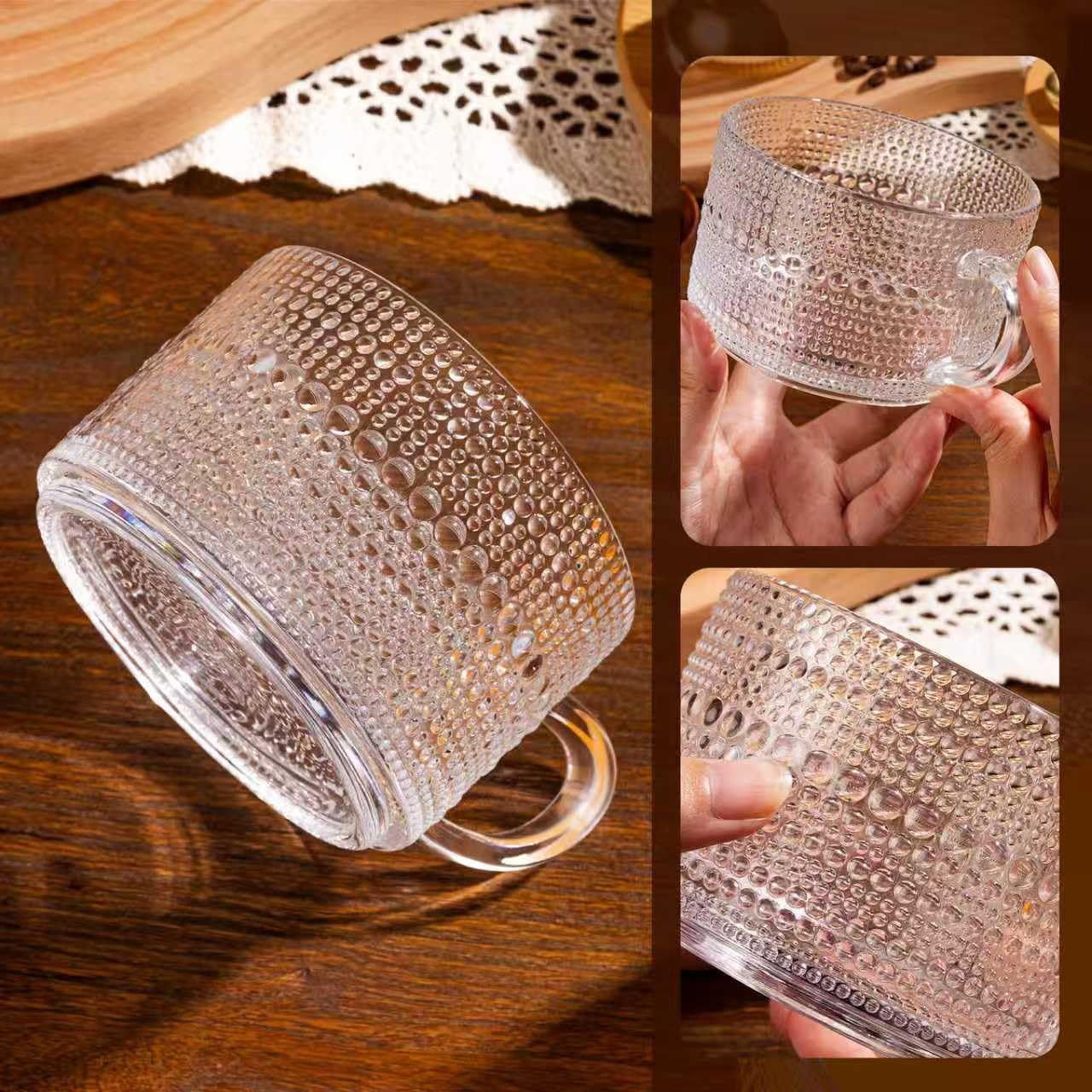 6 PACK Vintage Glass Coffee Mugs 14oz Clear Embossed Tea Cup Set with Bamboo Lids and Gold Spoons,Yogurt Bowl,kitchen gifts for women