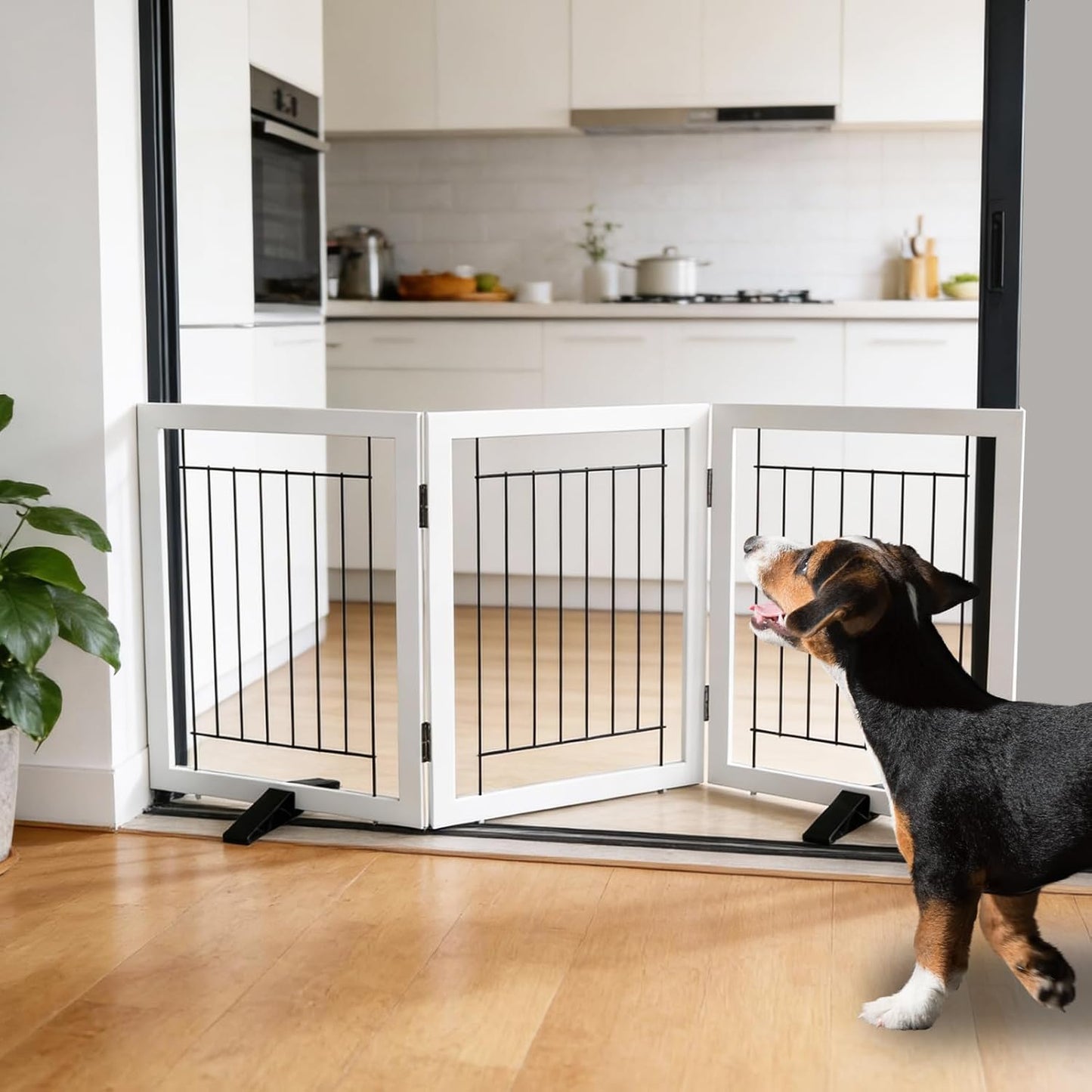 Dog Fence Indoor - 3-Panel Freestanding Dog Gate for Doorways, Hallways, House or Stairs -60x24-Inch Retractable Foldable Expandable Wood Pet by SFJC (White)