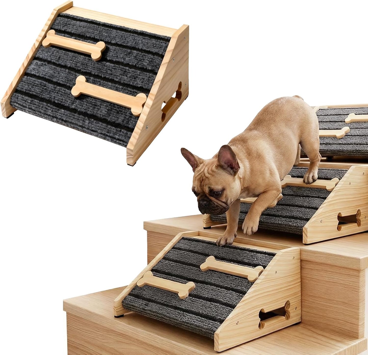 2-Pack Wooden Dog Ramp for Stairs - Natural Pine Wood Pet Step Ramp with Anti-Slip Bone Strips & Felt Padding, Stair Wedge for Small Medium Dogs, Indoor Home Safety Access for Injured Dogs