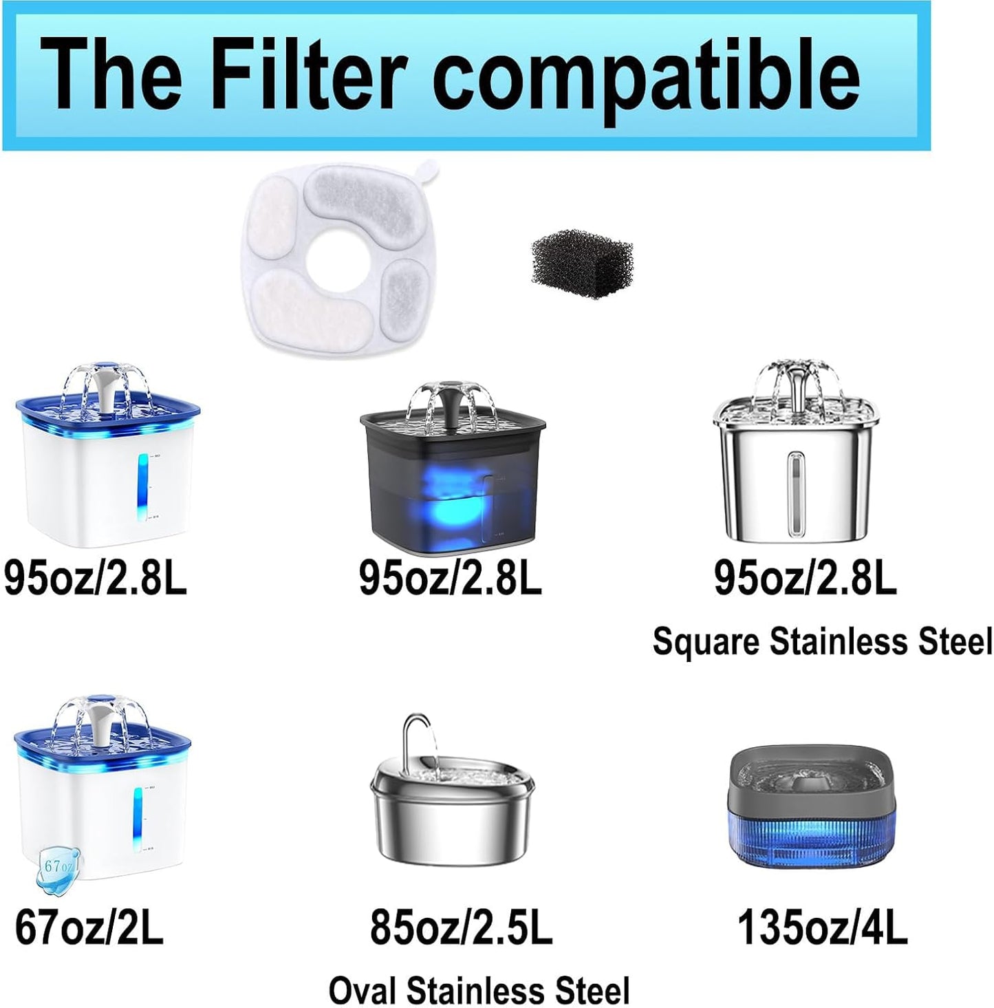 8 Pack Filters+8 Pack Pre-Filter Sponges Replacement compatible with Veken 95oz/2.8L Cat Water Fountain Dog Pet Water Dispenser NeucomBBT
