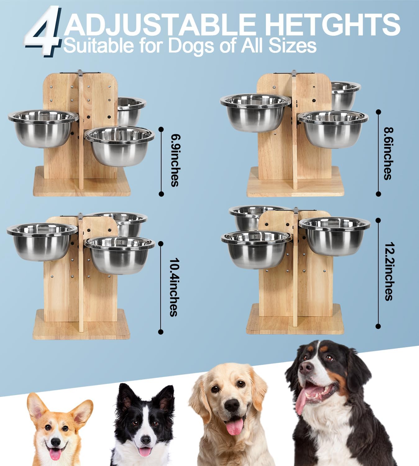 handrong Elevated Dog Bowls,4 Heights Raised Dog Bowl,4 Dogs Bowls Elevated,Wood Dogs Food Bowl,4 Sided Pet Feeding Station for Small,Medium Large Sized Pet-47.3oz