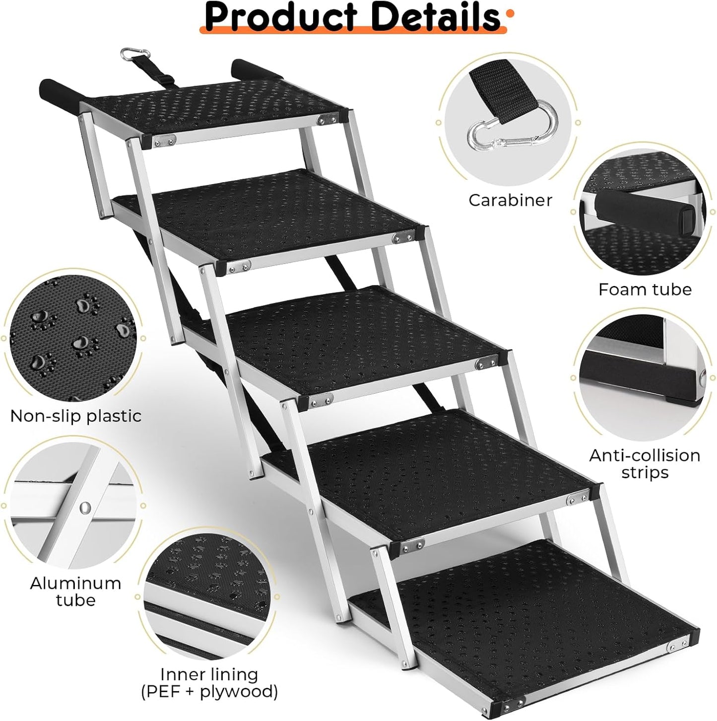 Car Ramp for Dogs – Adjustable Foldable Dog Ramp for Cars, Trucks & SUVs | Non-Slip Rug Surface, Supports Small/Large Dogs Up to 250 lbs | 5-Step