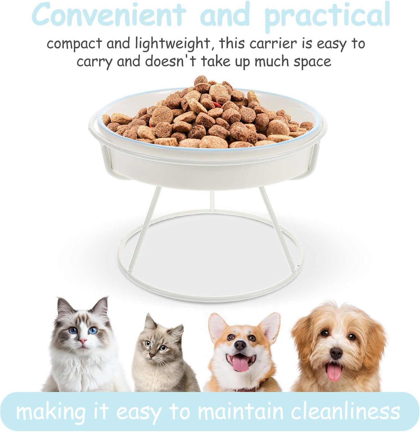 PRETYZOOM Ceramic Elevated Cat Slow Feeder Bowl with Stand, Anti-Choke Raised Pet Dish for Indoor Cats and Puppies, Blue Three-Fish and White Three-line Design