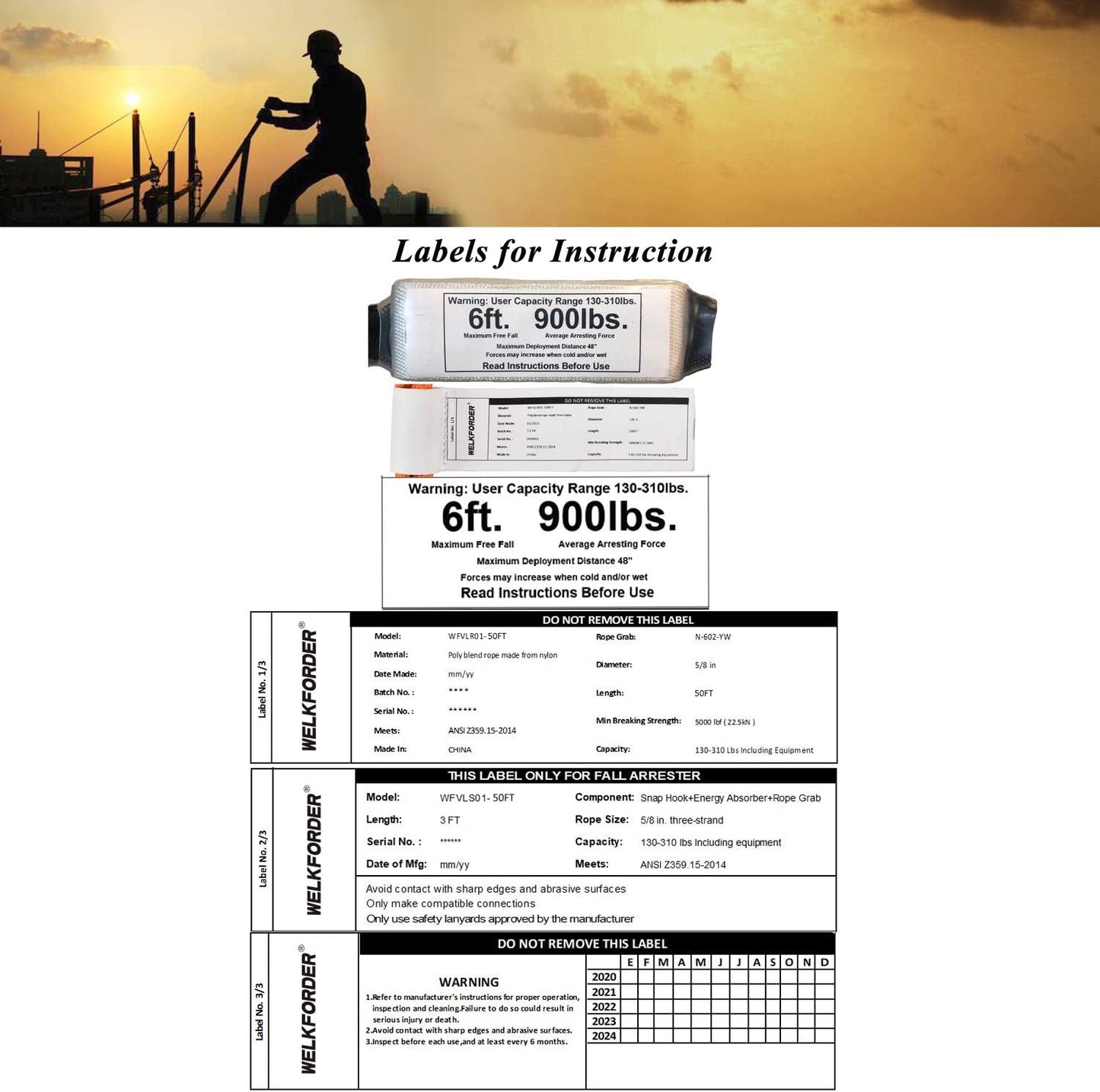 50FT Vertical Lifeline Assemble Three Strand Rope Fall Protection with Rope Grab Snap Hooks Shock Absorber Fall Protection Safety Equipment ANSI Compliant