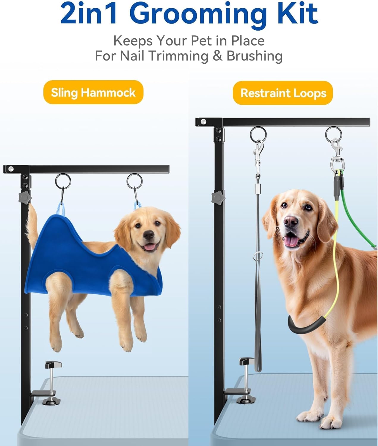 Adjustable Foldable Dog Grooming Arm with Clamp, 26–40 in Height, Safety Hammock & No-Sit Holders, Grooming Restraint for Small & Medium Dogs