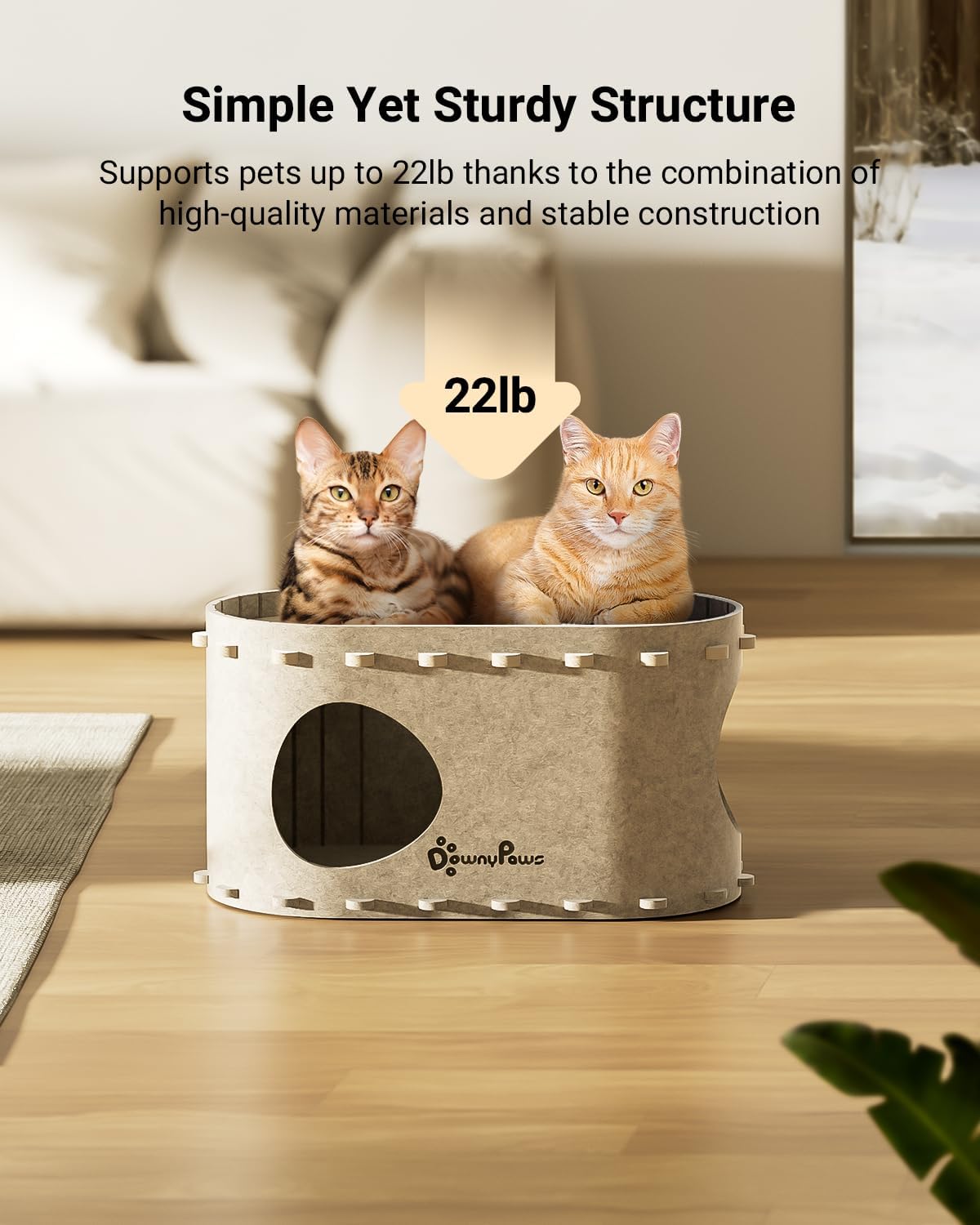 DownyPaws Cat House for Indoor Cats, Cat Bed Cave for Multiple & Large Cats Up to 22 Lbs, Scratch Resistant, Foldable Peekaboo Kitten Caves Tunnel Enclosed Bed, PeekaPurr, Cream