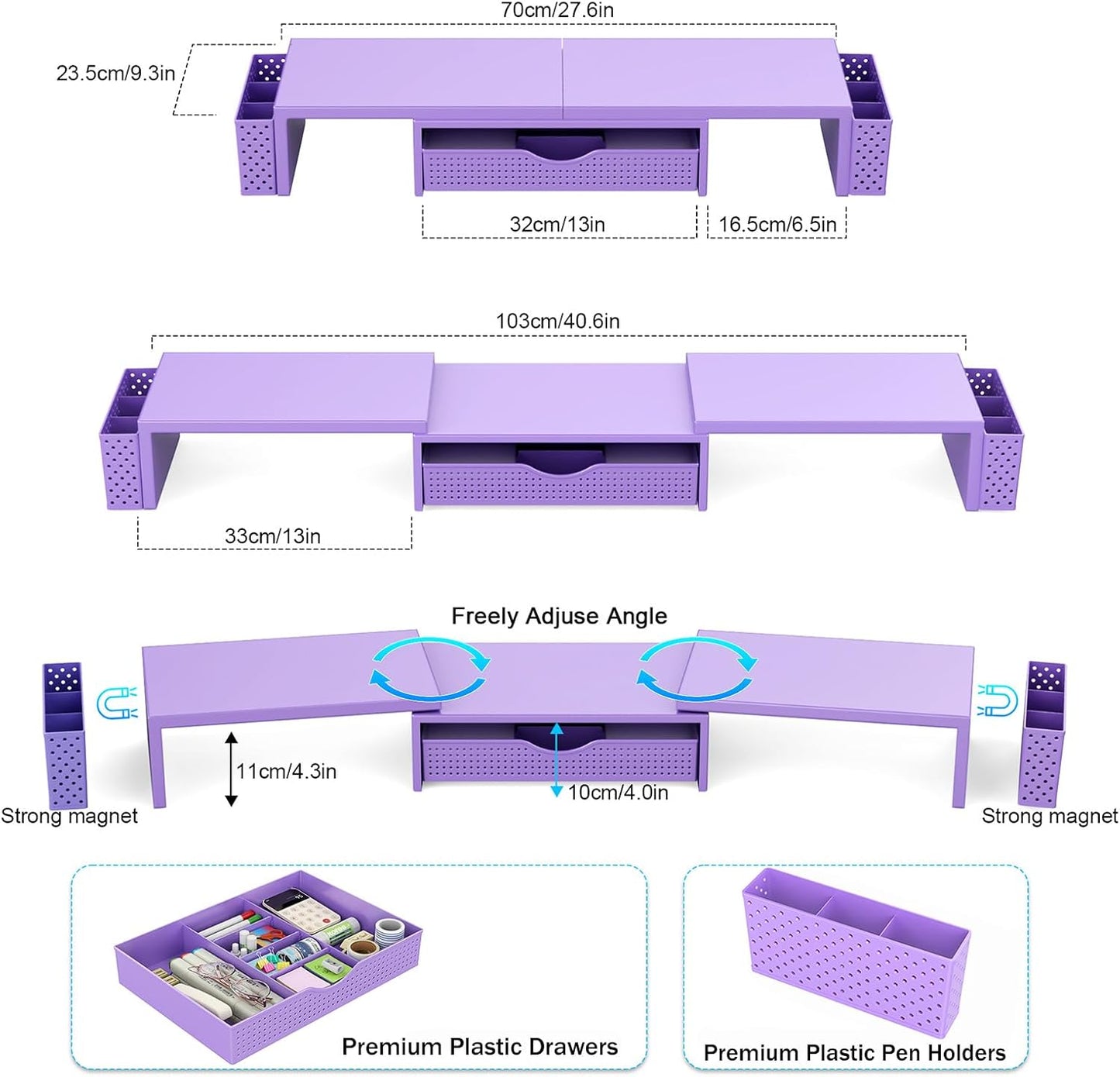 Spacrea Metal Desk Organizers and Accessories, Dual Monitor Stand Riser with Drawer and 2 Pen Holders, Desk Accessories & Workspace Desktop Organizers for Office Supplies (Purple)