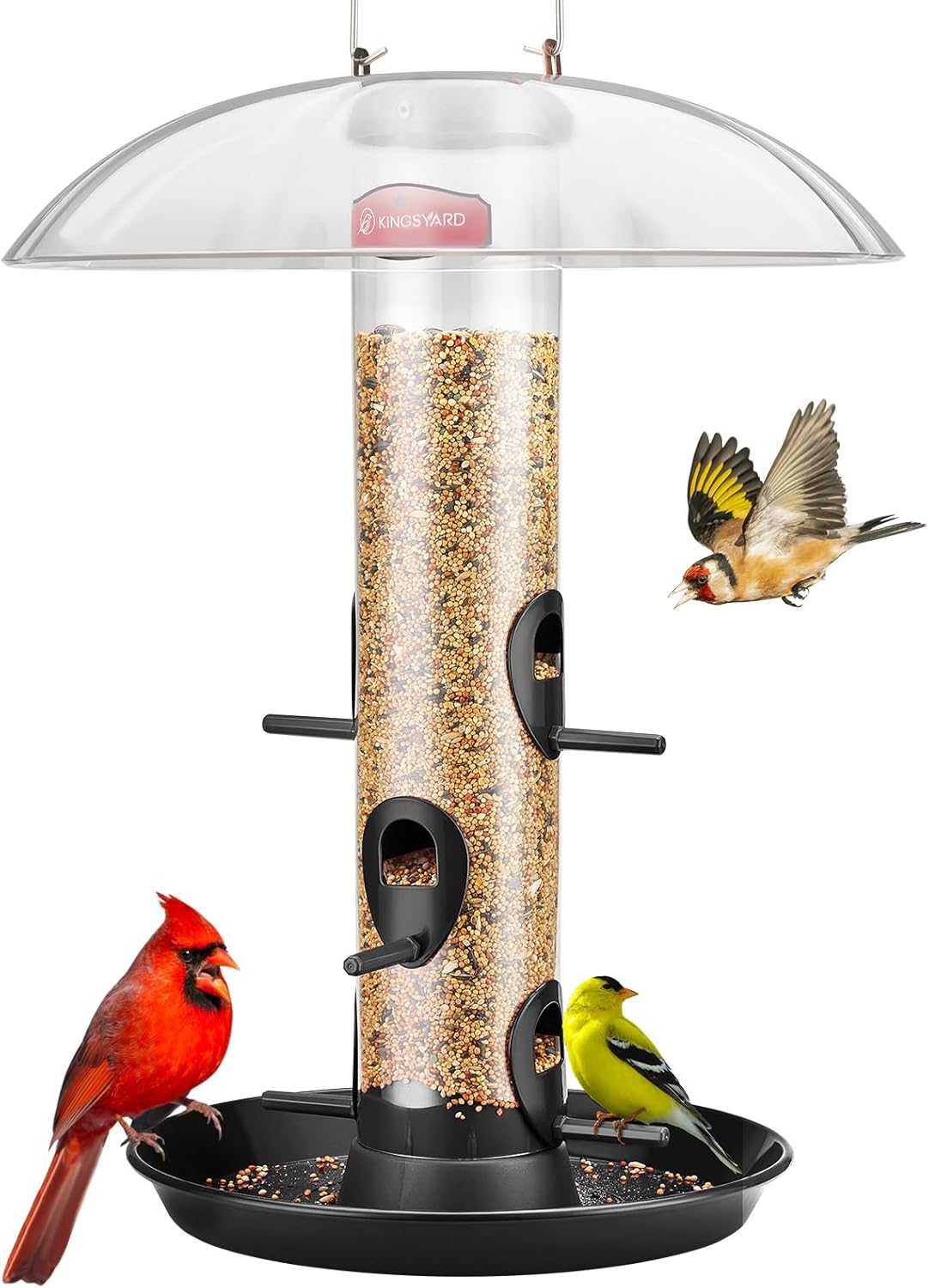 Kingsyard Metal Bird Feeders for Outdoors Hanging, Wild Bird Feeder with Large 11.5" Protective Dome and 8" Removable Tray, 3 lb Seeds Capacity (Black)