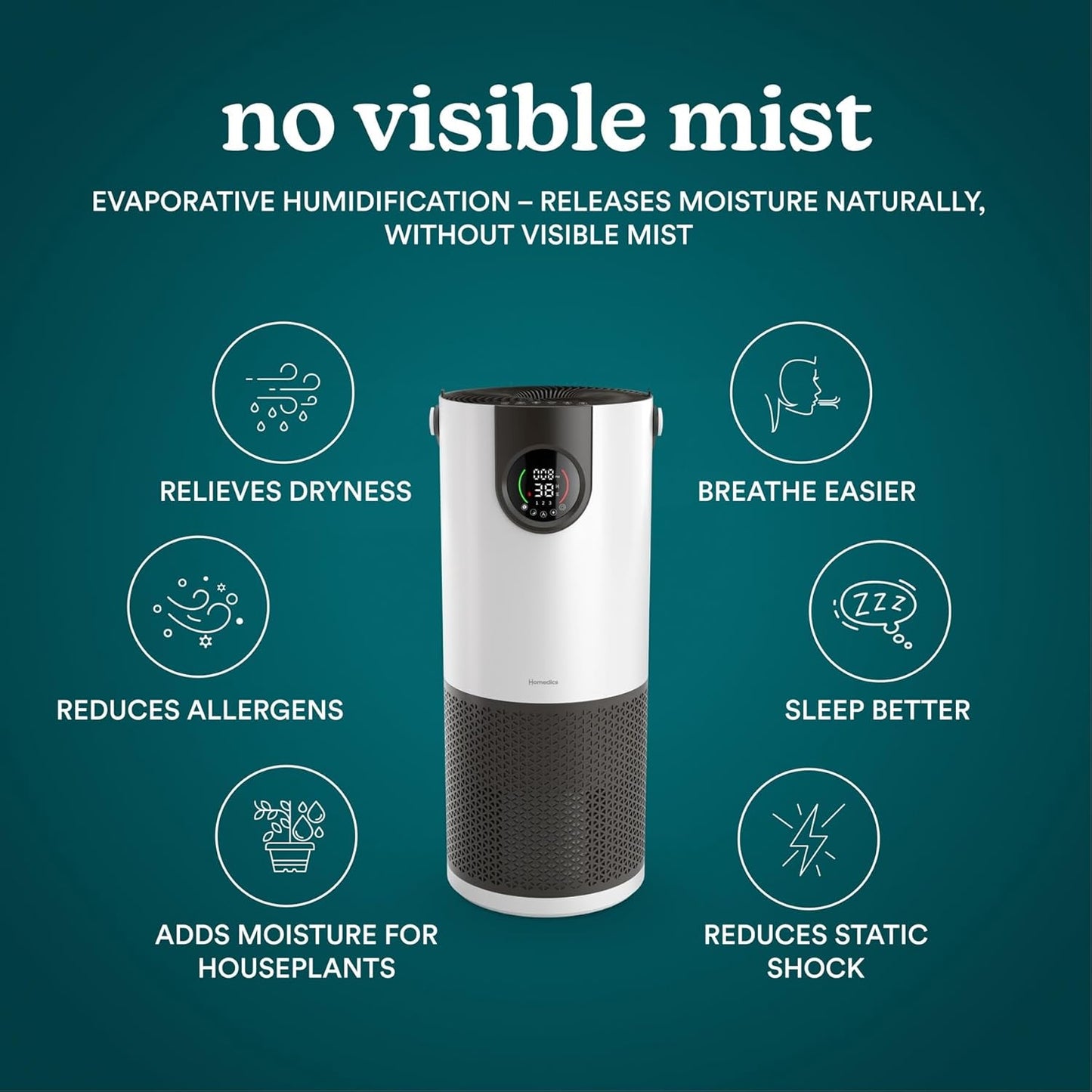 Homedics 2-in-1 Air Purifier & Evaporative Humidifier for Large Rooms HEPA Air Cleaner, Filtered Humidification, Digital Air Quality Sensor, Auto Mode, Tower Design for Home, No Visible Mist