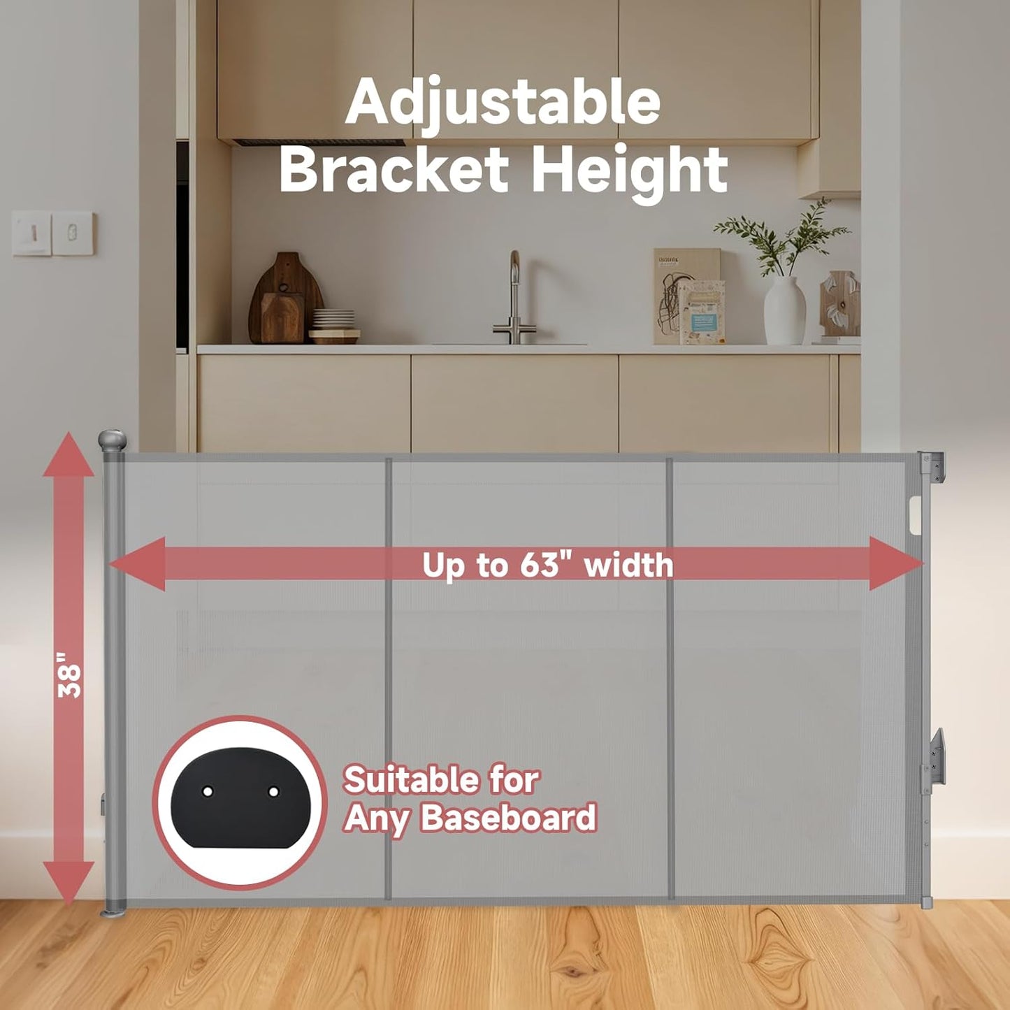 Reinforced Retractable Baby Gate, Extra 38" Tall, Extends up to 63" Wide, Hardwared Installation Mesh Gate for Stairs, Dog Gate, Child Pet Gate for Stairs, Doorways, Hallways, Indoo (Gray)