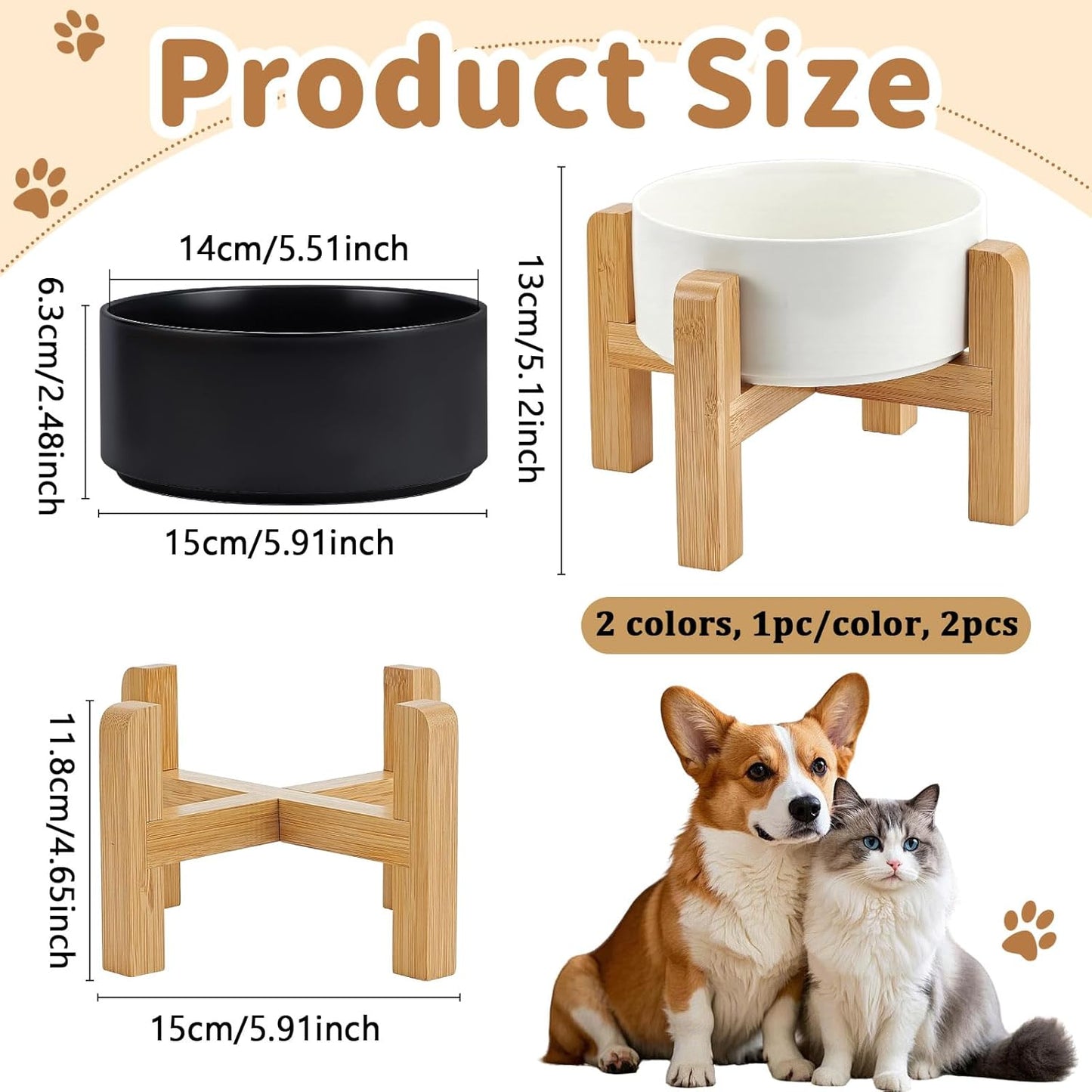 2 Pack 5.9Inch Ceramic Raised Dog Bowl, Raised Dog Bowls with Non-Slip Bamboo Stand Food and Water Bowls Heavy Duty Pet Bowl for Small and Medium Dogs (Black + White)